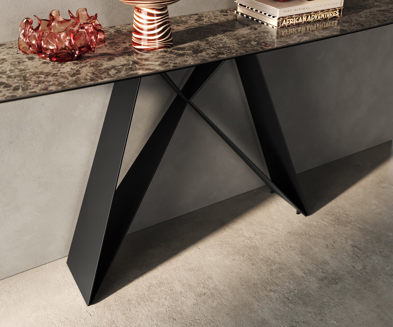 Console Edge forme bateau 180x40 cm Céramique Emperador Extra Lucidato Dunkelbraun Velio Métal Noir 5