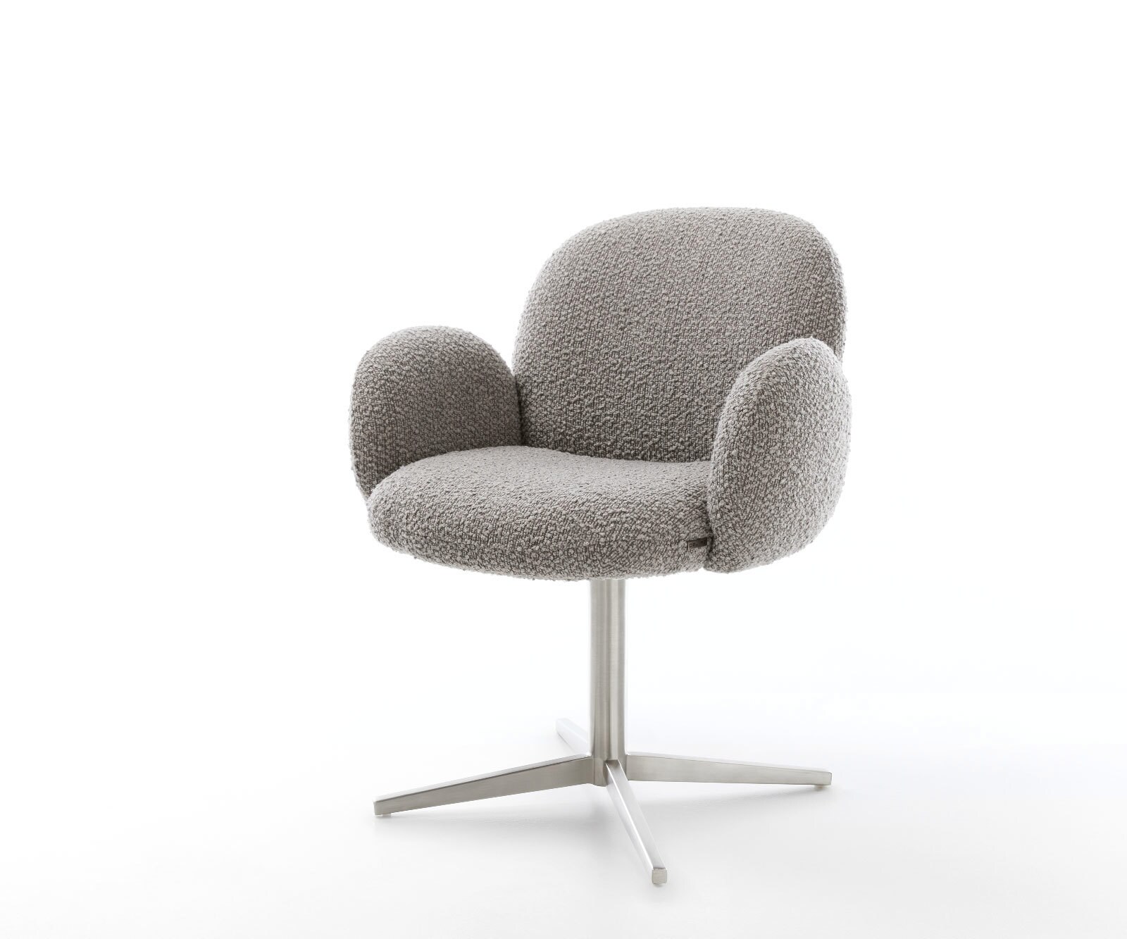 Chaise-pivotante Nube-Flex avec accoudoirs bouclé gris argenté pied de chaise 4 branches acier inoxydable brossé pivotement sur 360° ressorts ensachés