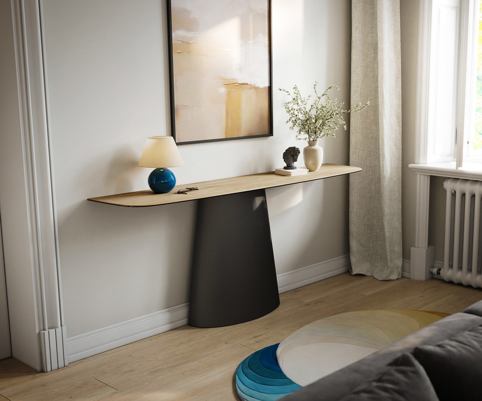 Konsolentisch Edge Boot 180x40 cm Keramik Laminam® Sabbia Eichefarbig Conos Metall Schwarz 1