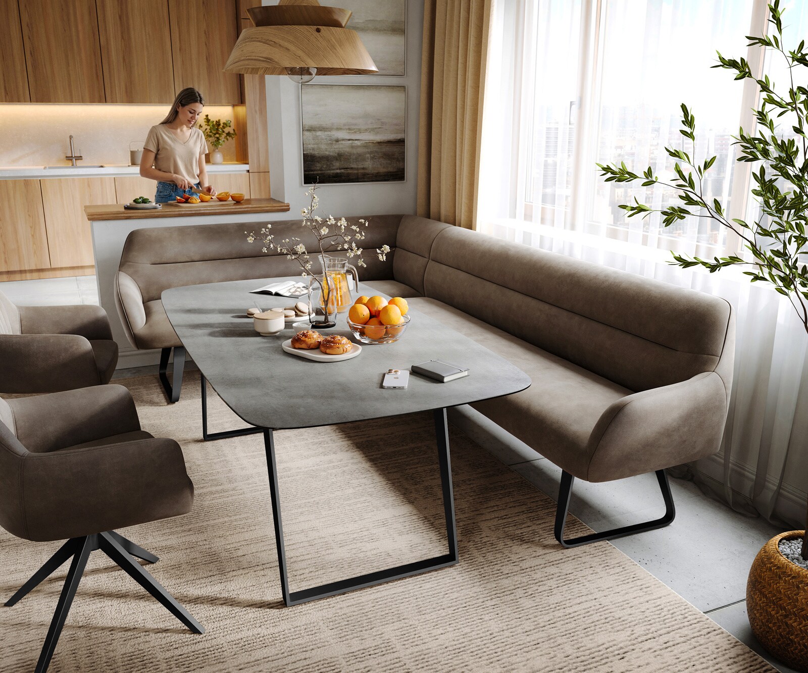 Banc-de-salle-à-manger Taya-Flex 285x190 cm microfibre taupe vintage châssis à patins plat acier inoxydable ressort ensaché liens