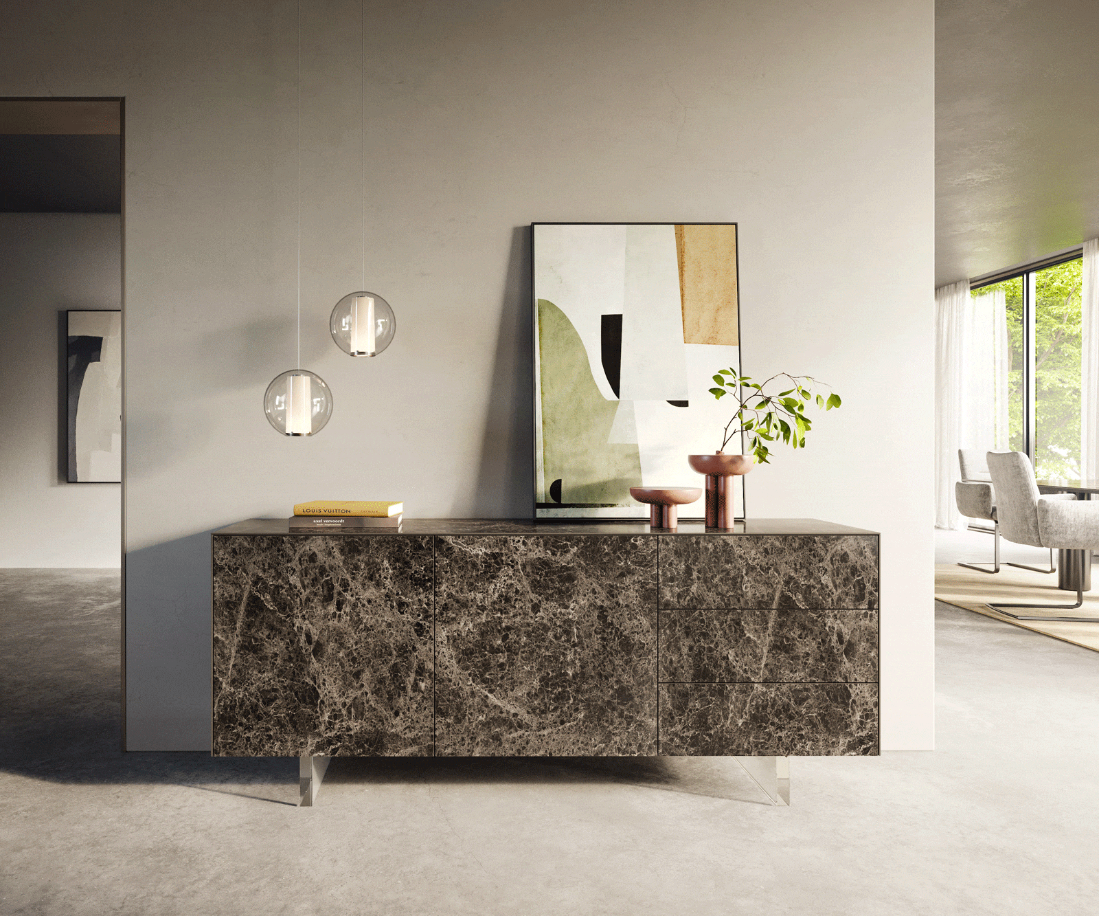 Buffet Cuor 180 cm Céramique Laminam® Emperador Extra Lucidato brun foncé 2 Portes 3 Tiroirs Pied optique flottant Verre acrylique 1 Buffet Cuor 180 cm Céramique Laminam® Emperador Extra Lucidato brun foncé 2 Portes 3 Tiroirs Pied optique flottant Verre acrylique 1