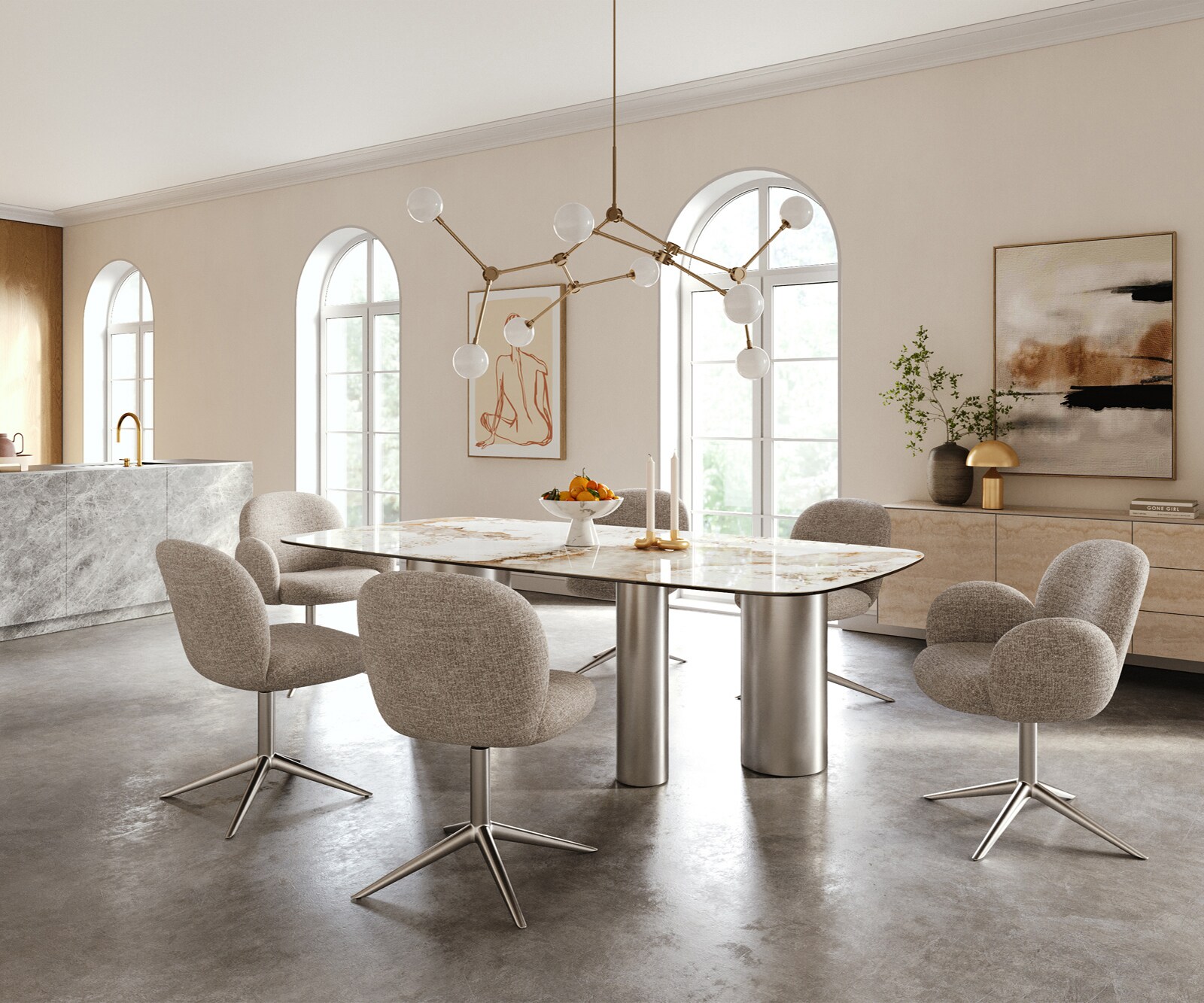 Table à manger Edge Boot 240x120 cm Céramique Minas Melange Blanc-Beige Troa Acier inoxydable gebürstet 5