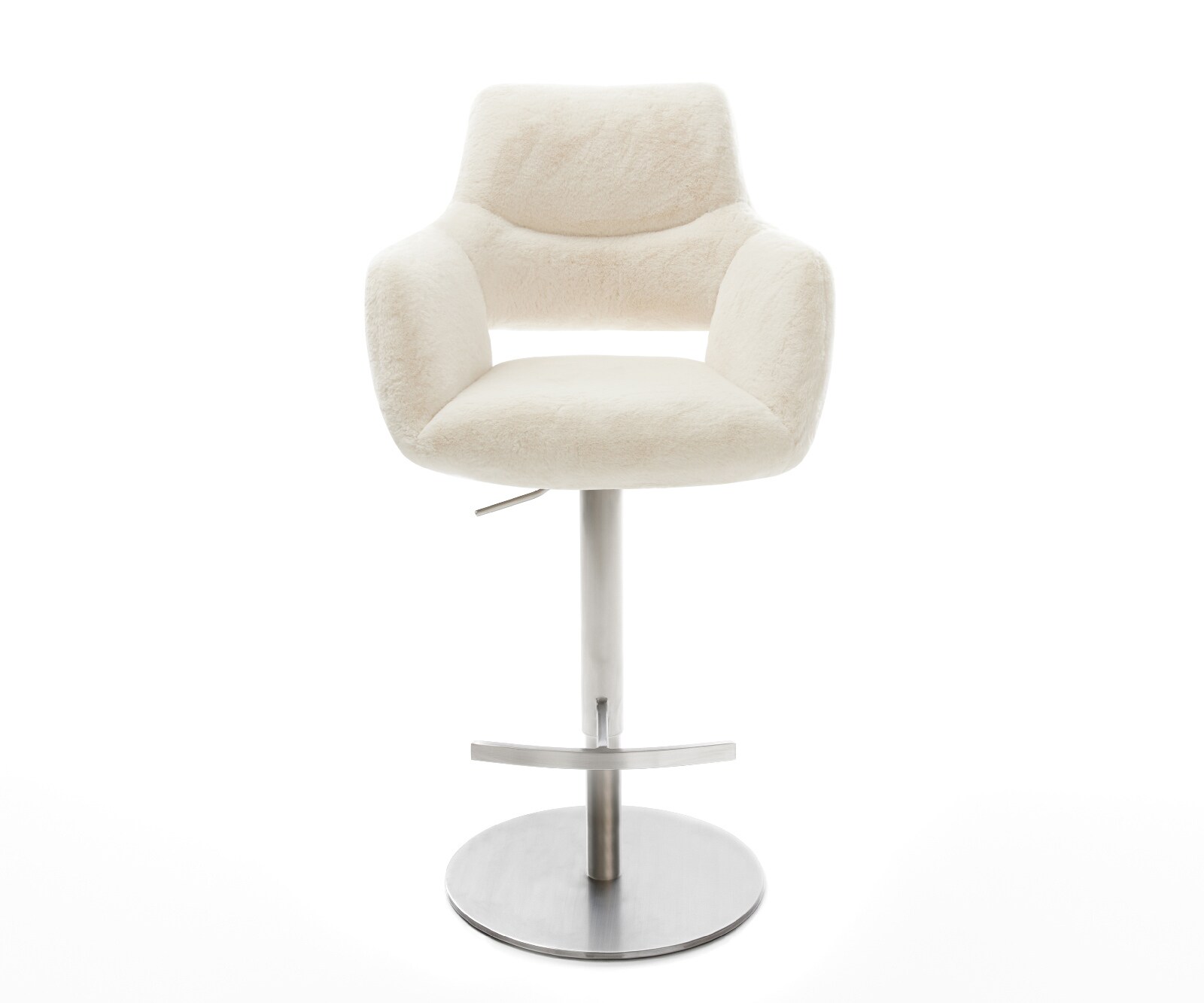 Chaise-de-bar Yago-Flex Peluche Crème-blanc Pied pivotant réglable en hauteur en acier inoxydable Argent Ressort ensaché 2