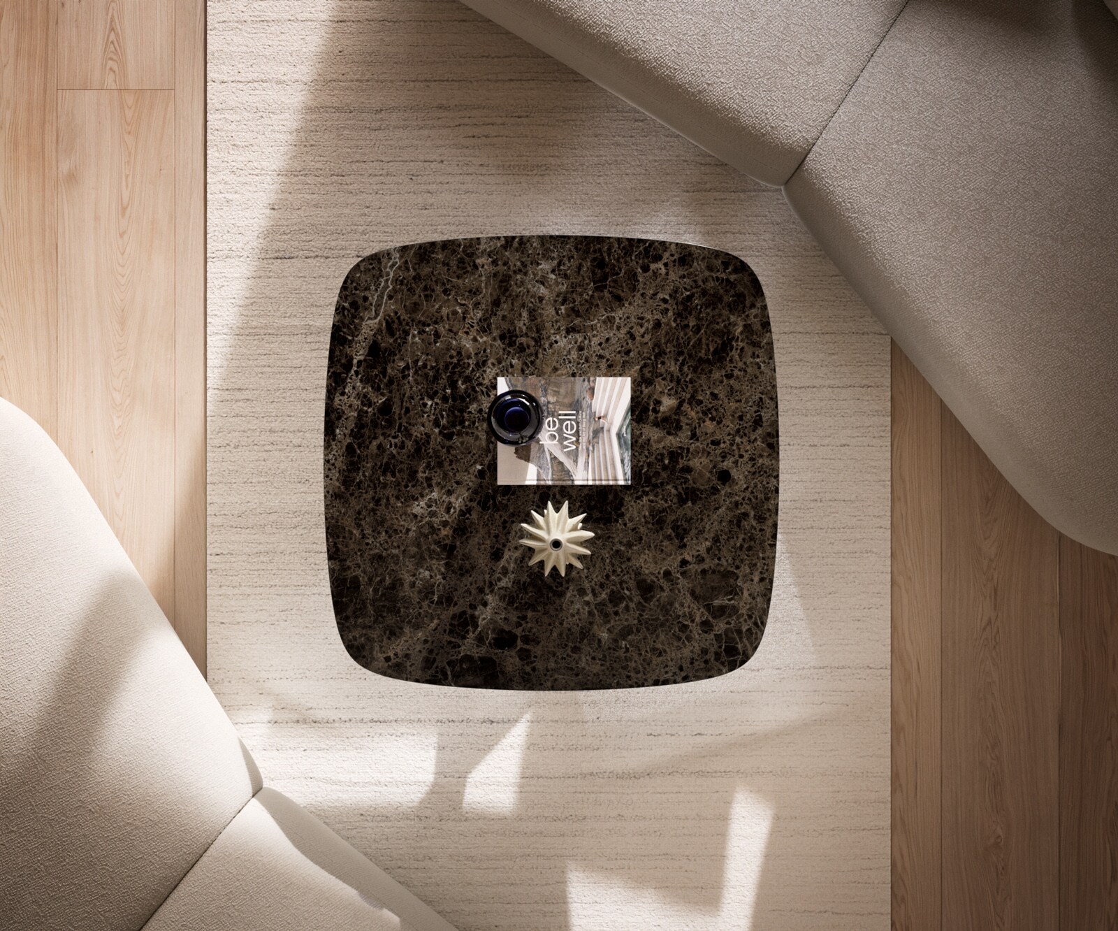 Table basse Edge bateau 90x90 cm céramique Emperador Extra Lucidato brun foncé Conis métal noir 6