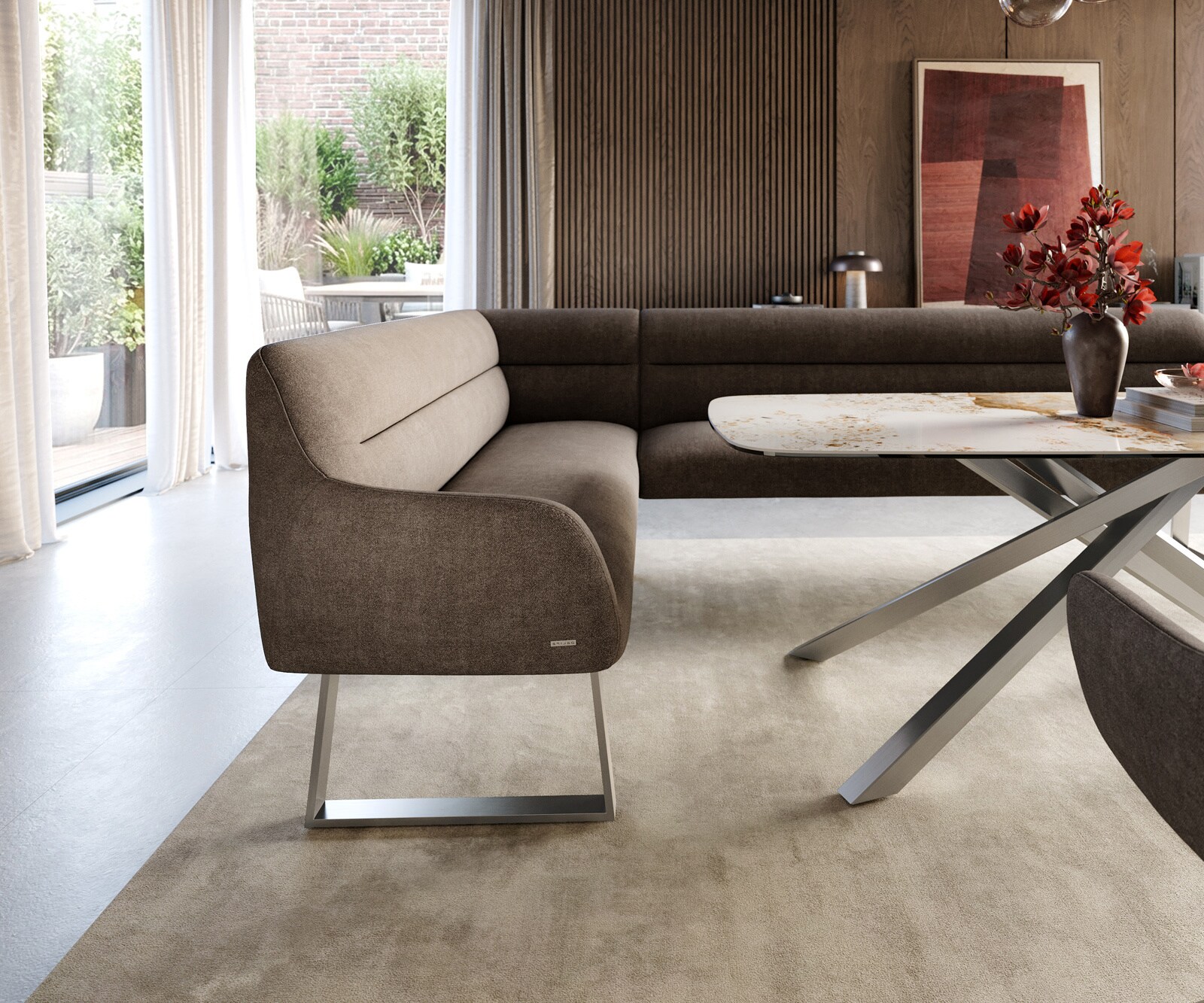 Esszimmerbank Taya-Flex 285x190 cm Strukturstoff Soft Taupe Kufengestell kantig Edelstahl Taschenfederkern Links 5