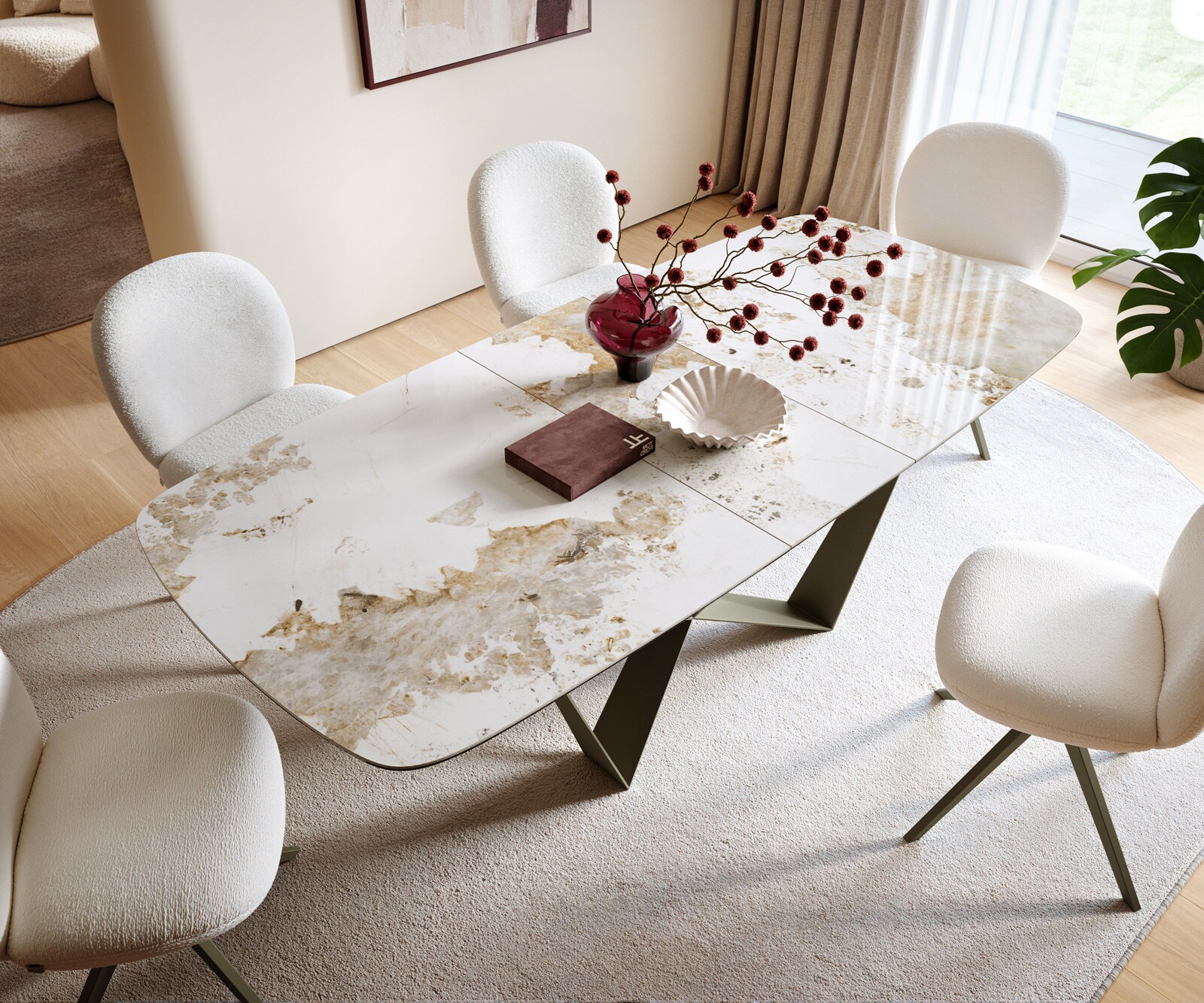 Esstisch Edge Boot 180-220x100 cm Keramik Minas Melange Weiß-Beige Spider Metall Effektfinish Titan ausziehbar 3