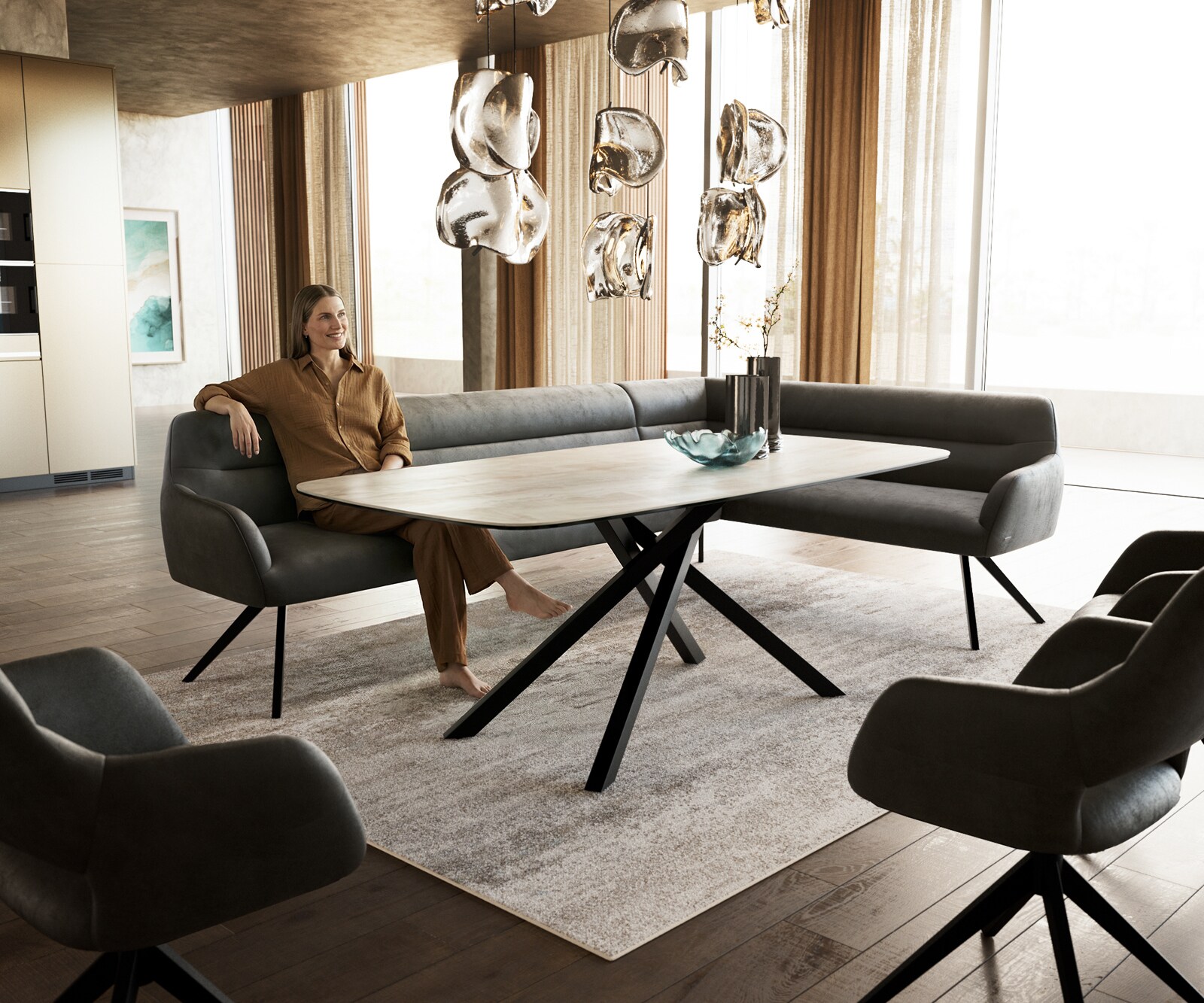 Esszimmerbank Taya-Flex 285x190 cm Mikrofaser Anthrazit Vintage Kreuzgestell kantig Schwarz Taschenfederkern Links