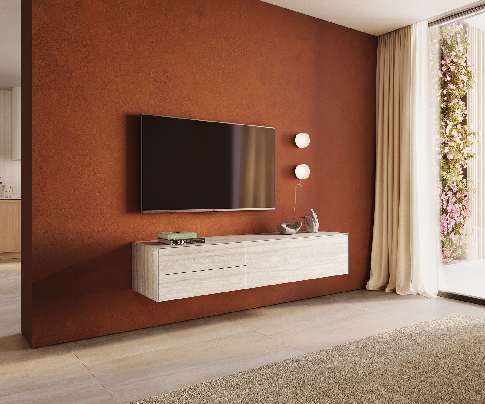 TV-Board Cuor Keramik Laminam® Travertino Bianco Creme-Weiß 180 cm 1 Klappe 2 Schubfächer Schwebend Lowboard