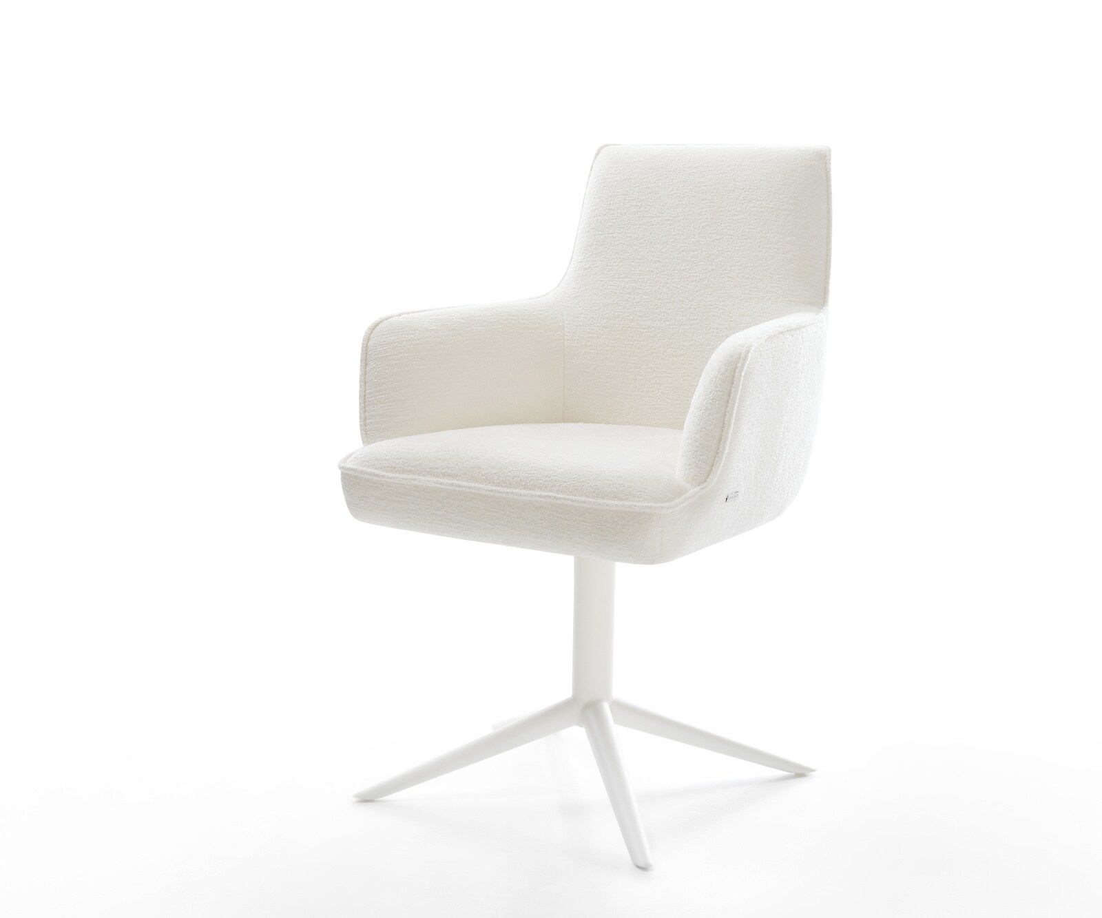 Drehstuhl Heira-Flex mit Armlehnen Bouclé Soft Beige Fußkreuz Weiß 360° drehbar Wippfunktion Taschenfederkern