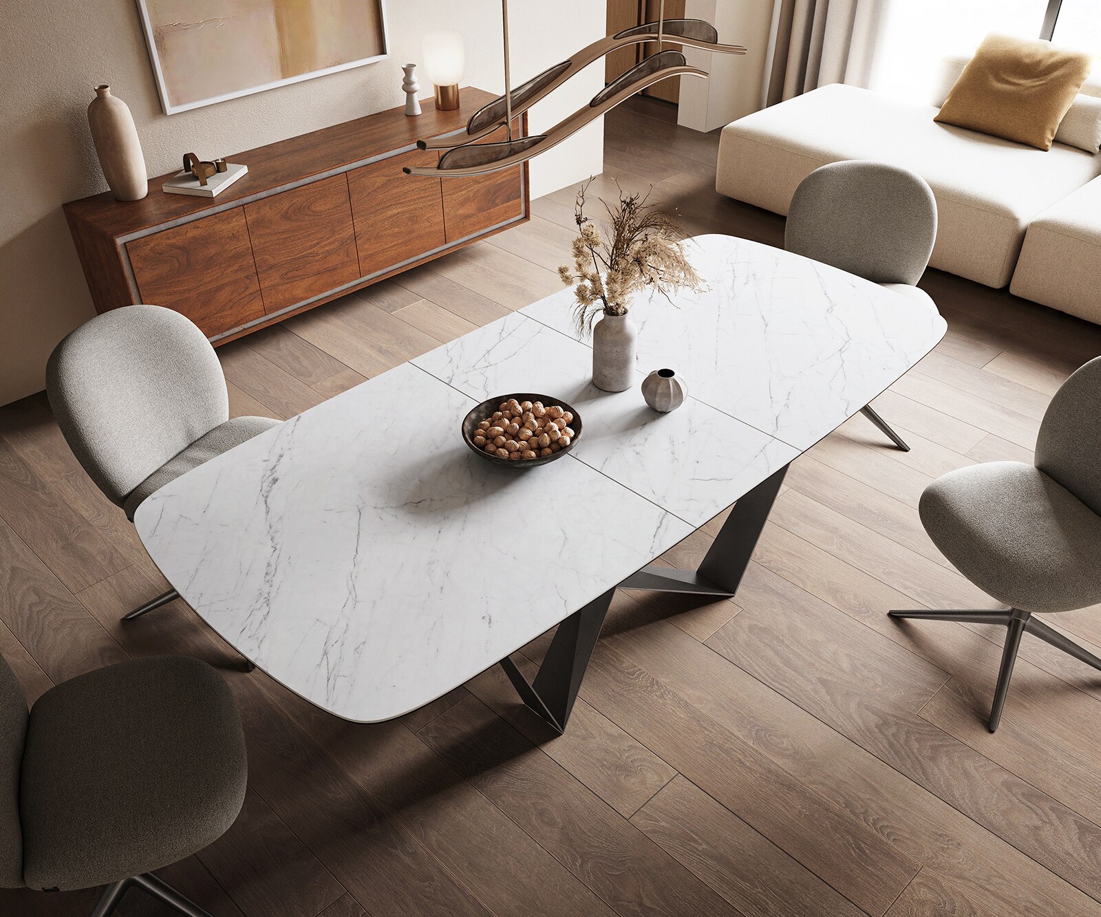 Esstisch Edge Boot 180-220x100 cm Keramik Laminam® Statuarietto Weiß Spider Flachstahl Edelstahl Graphit ausziehbar 3