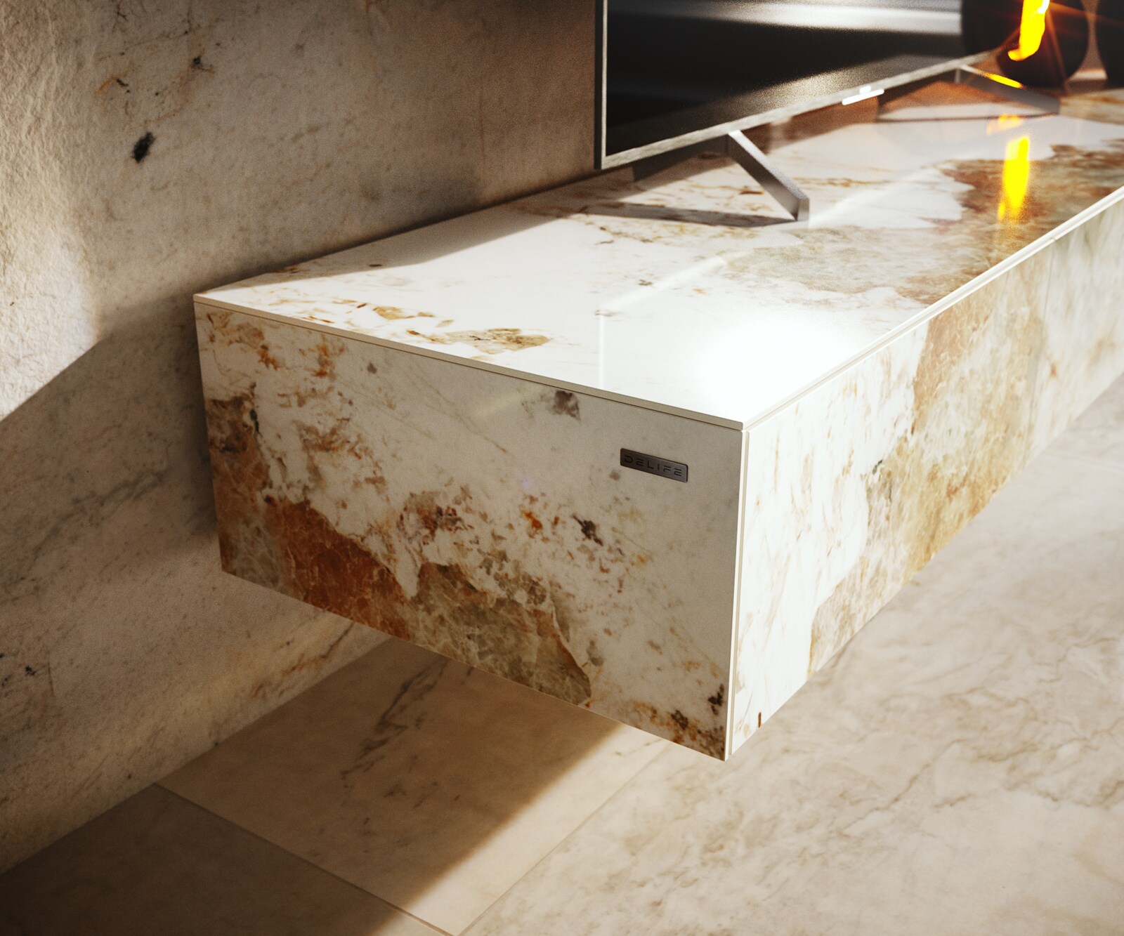 Meuble-TV Cuor 150 cm Céramique Minas Melange Blanc-beige 1 Clapet 1 Tiroir Pied optique flottant Ancier inoxydable 6