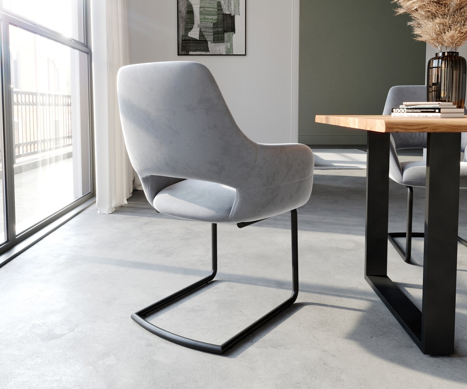 Cantilever Yago-Flex avec accoudoirs velours gris pied cantilever rond noir ressorts ensachés 4