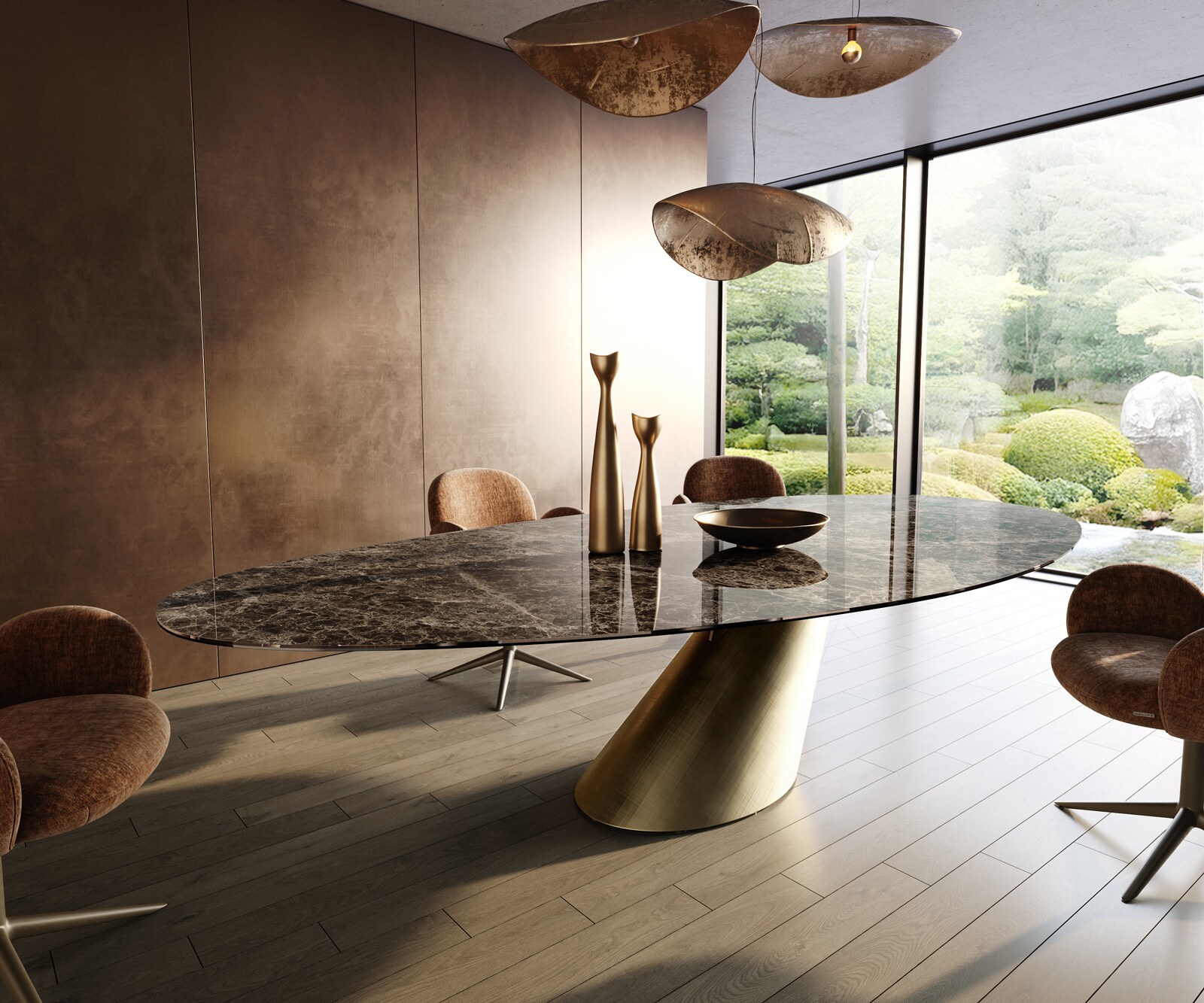 Table de salle à manger Edge Ovale 315x150 cm Céramique Emperador Extra Lucidato Brun foncé Cono Métallique Or