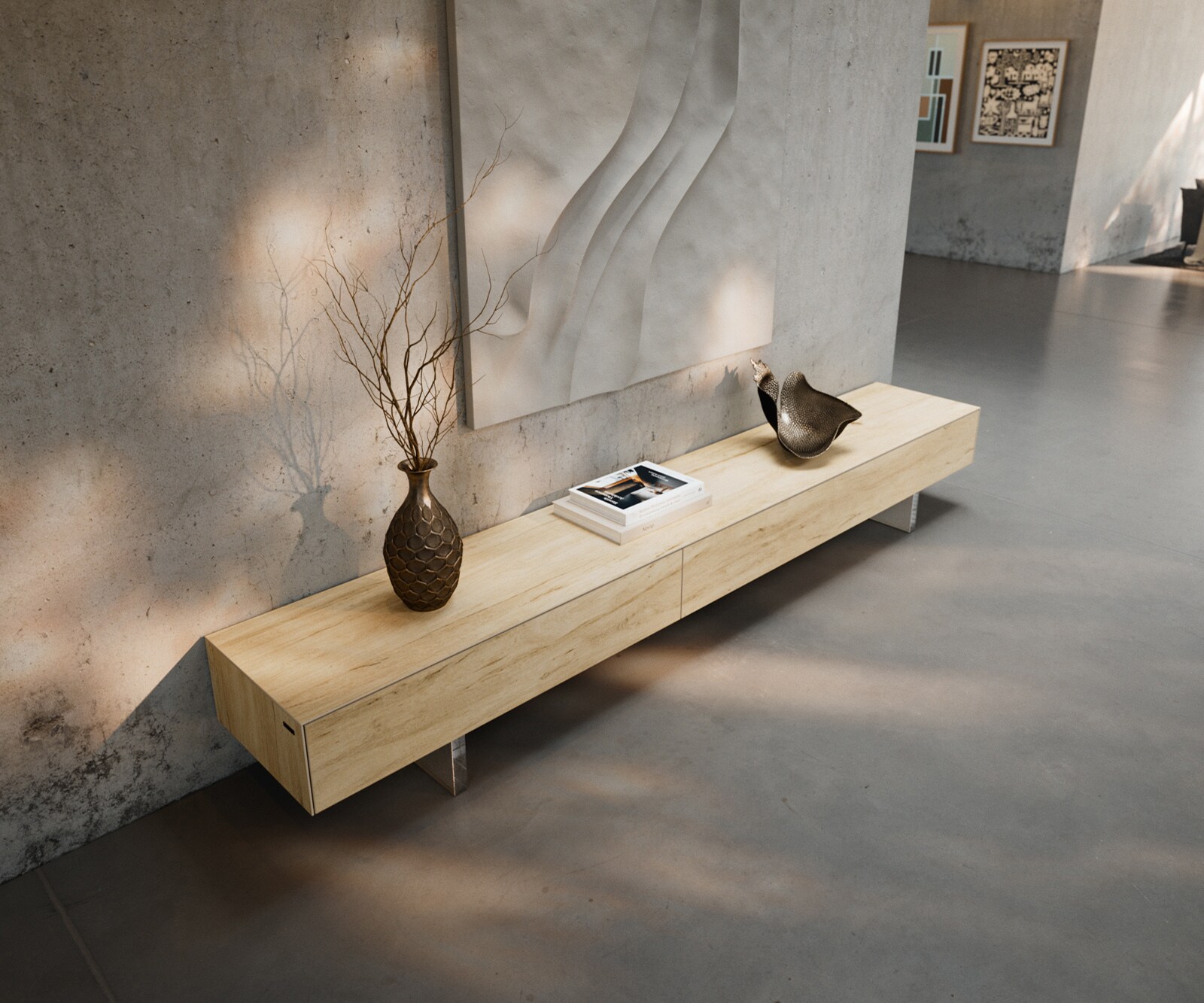 Meuble-TV Cuor 250 cm Céramique Laminam® Sabbia Teinte chêne 1 Clapet 1 Tiroir Pied optique flottant Verre acrylique 4