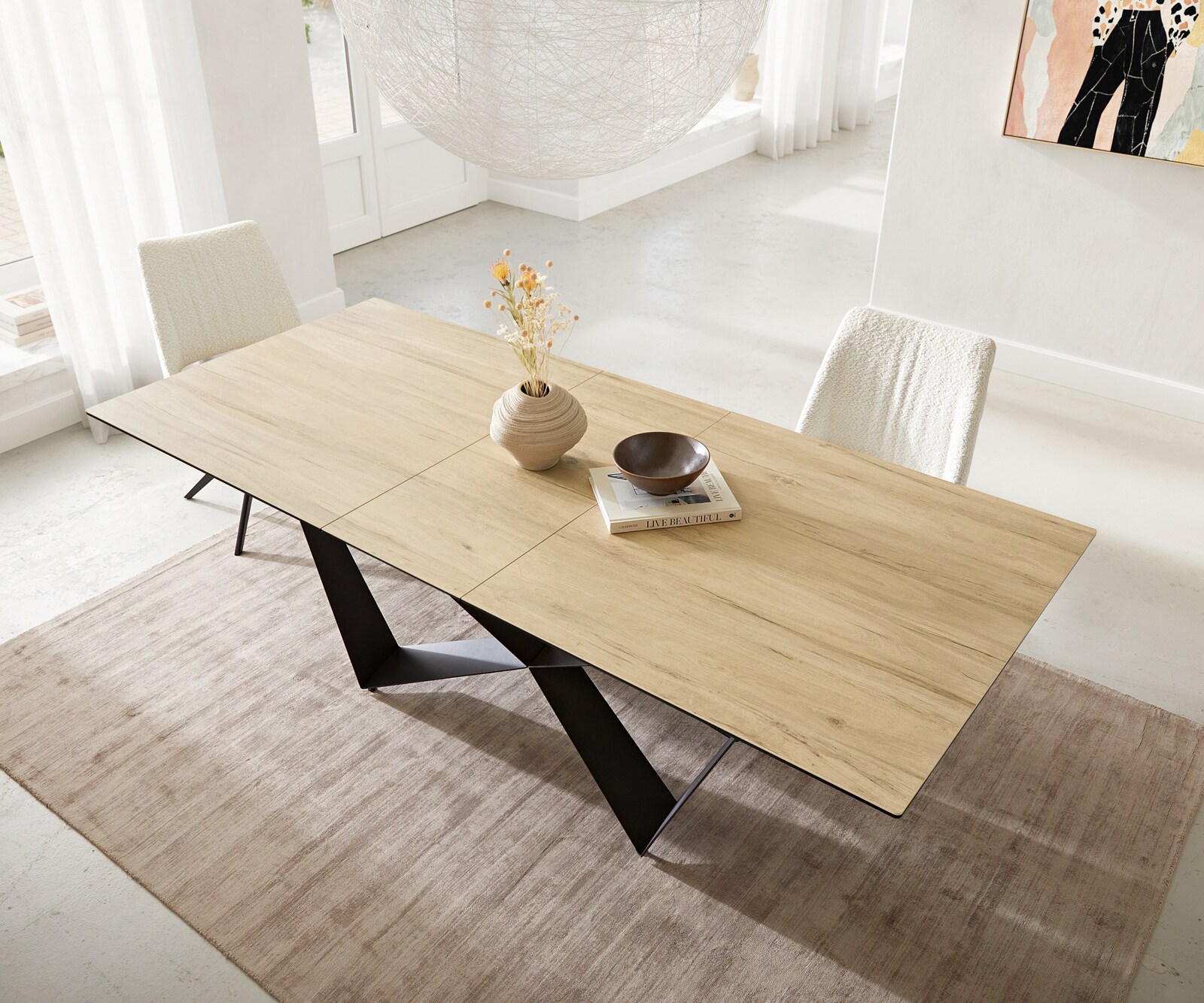 Table à manger Edge 180-220x100 céramique Laminam® Sabbia couleur chêne Spider acier plat noir extensible 4