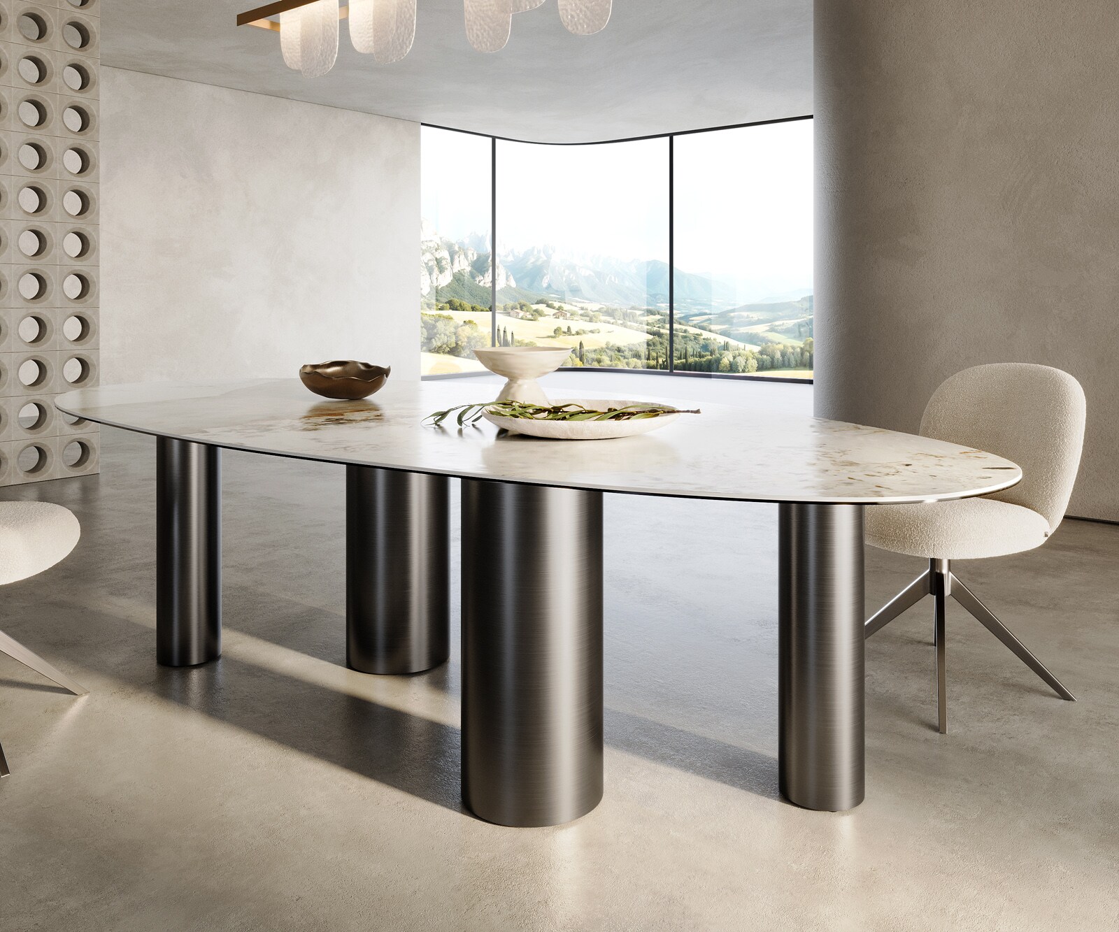 Table à manger Edge Ovale 280x130 Céramique Minas Melange Blanc-Beige Pilier Acier inoxydable Graphite 5
