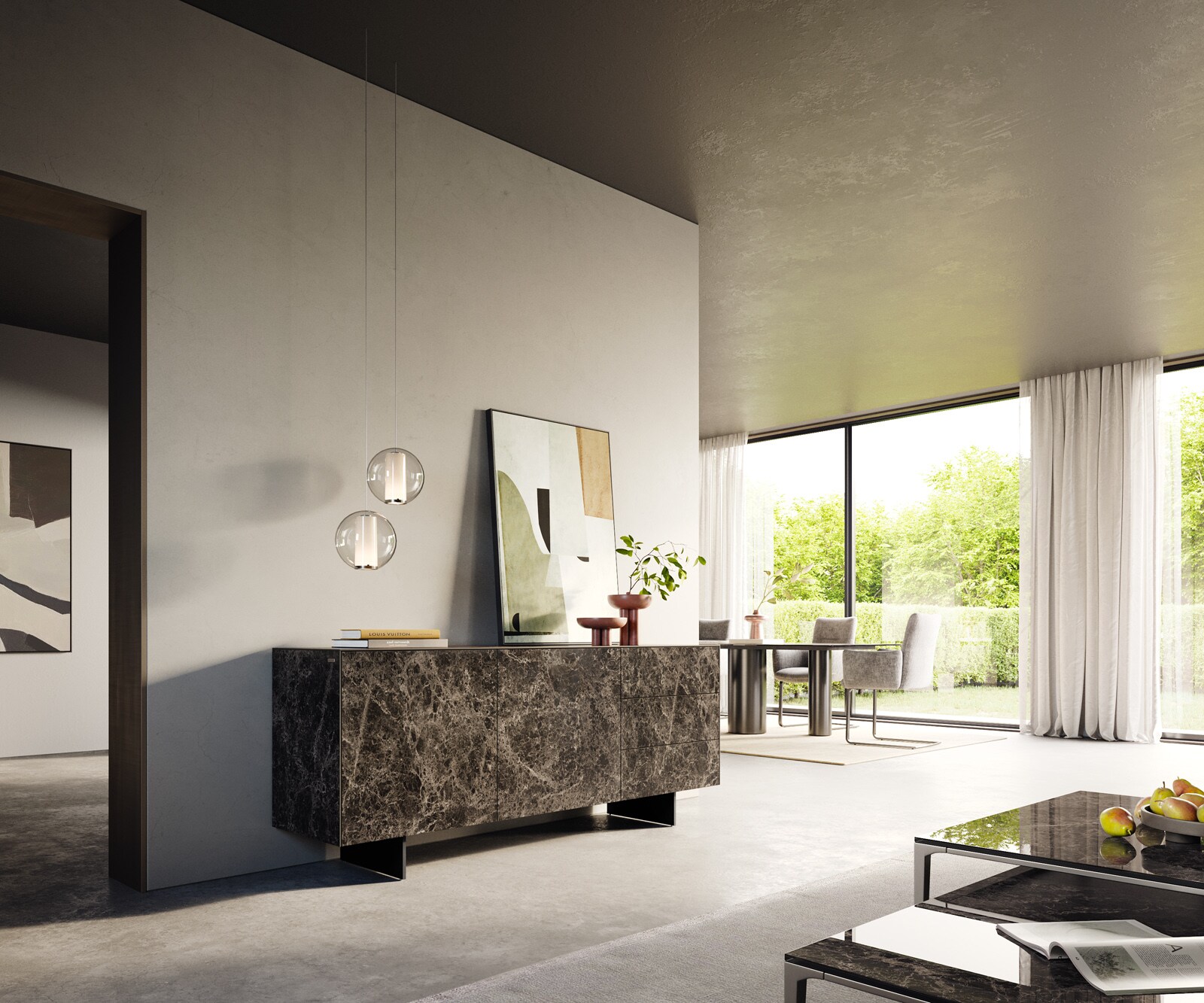 Sideboard Cuor 180 cm Keramik Laminam® Emperador Extra Lucidato Dunkelbraun 2 Türen 3 Schubfächer Fuß Schwebeoptik Metall Schwarz 7
