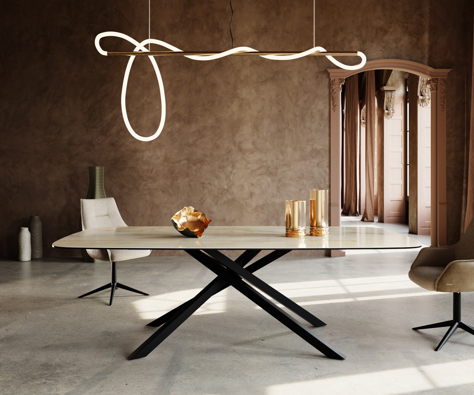 Table à manger Edge Boot 240x120 cm Céramique Iris FMG Onice Oro piètement en croix Rectangle Noir 1