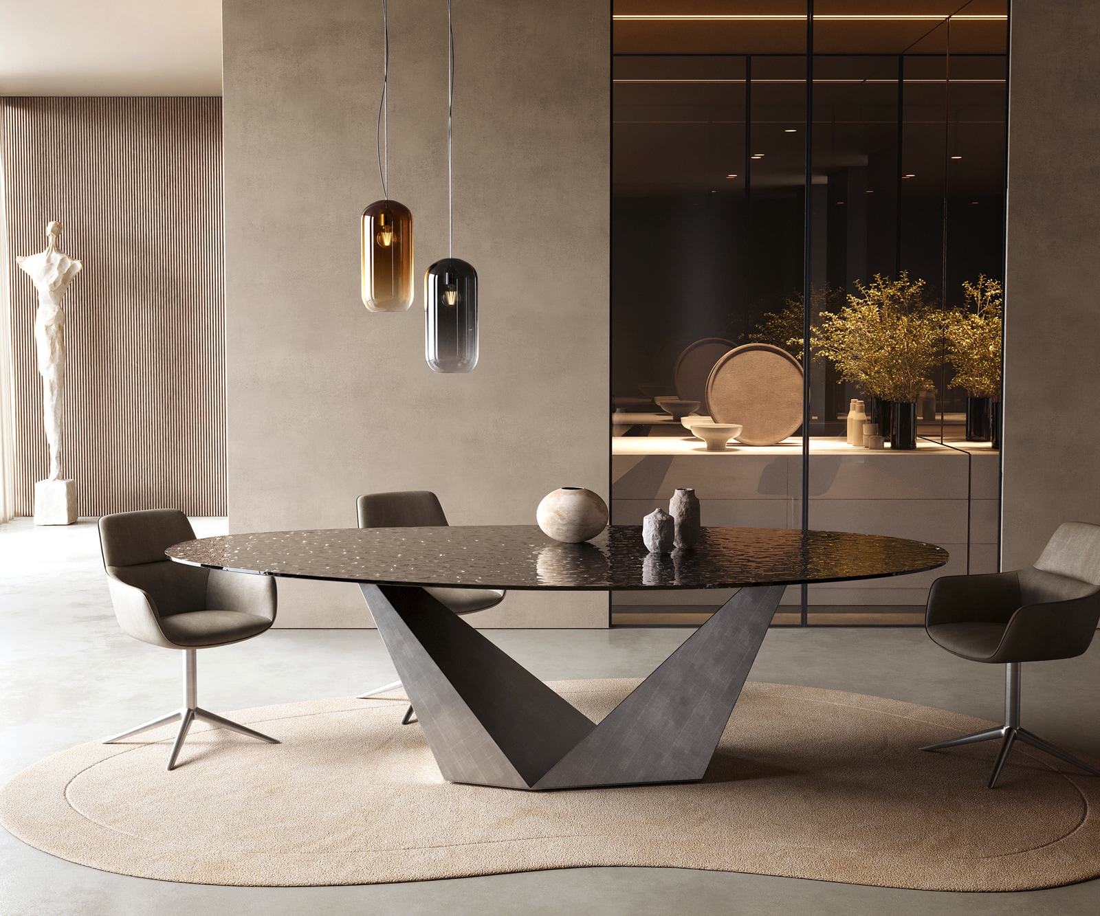 Esstisch Edge Oval 280x130 Reliefglas Rauchschwarz 3D-Design Prisma Metallic Silber 1 Esstisch Edge Oval 280x130 Reliefglas Rauchschwarz 3D-Design Prisma Metallic Silber 1