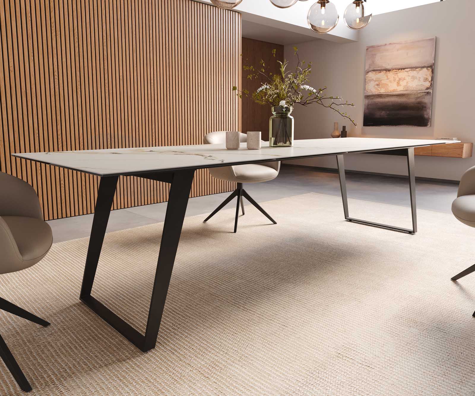 Esstisch Edge 300x100 Keramik Calacatta Luxe Weiß-Gold-Grau Metall Schräg Schwarz 6