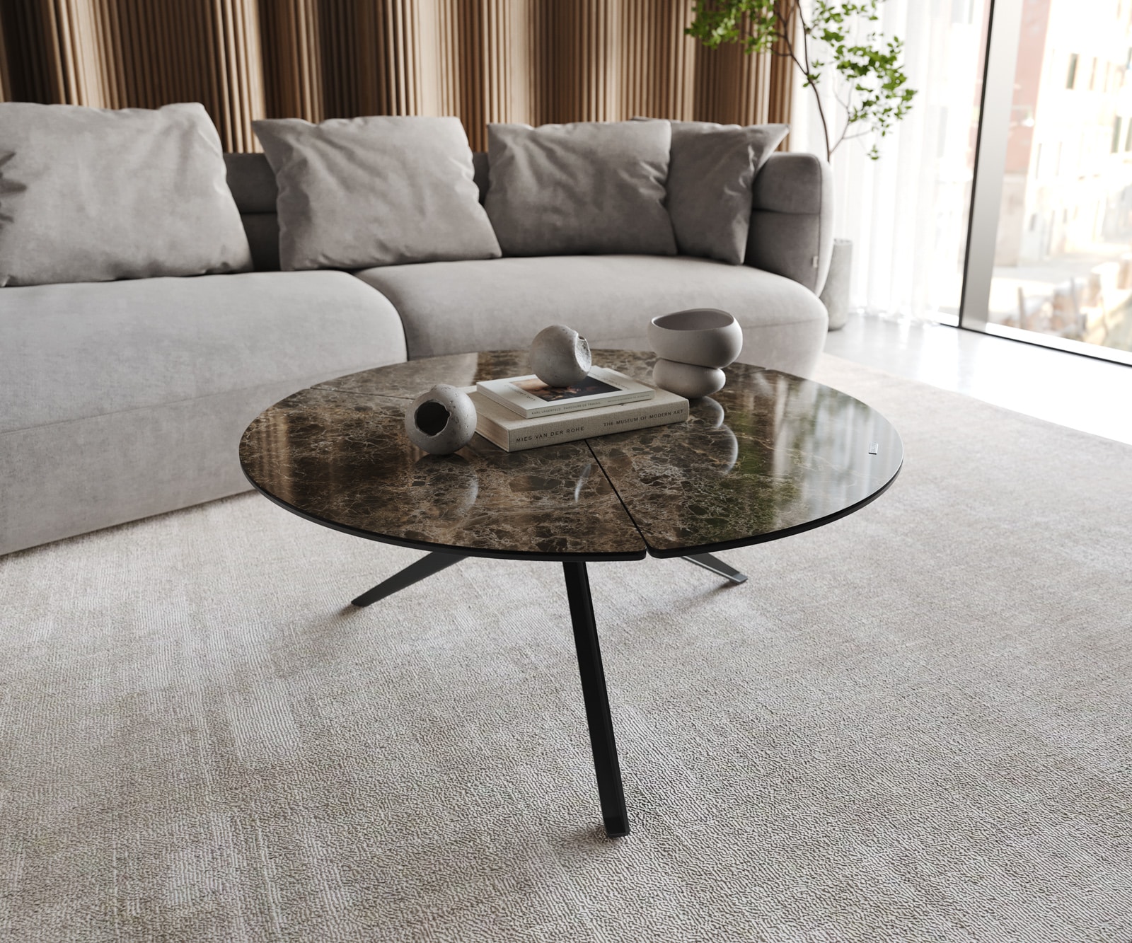 Wohnzimmertisch Delron Keramik Emperador Extra Lucidato Dunkelbraun 90x90 cm Kreuzfuß Flach Metall Schwarz