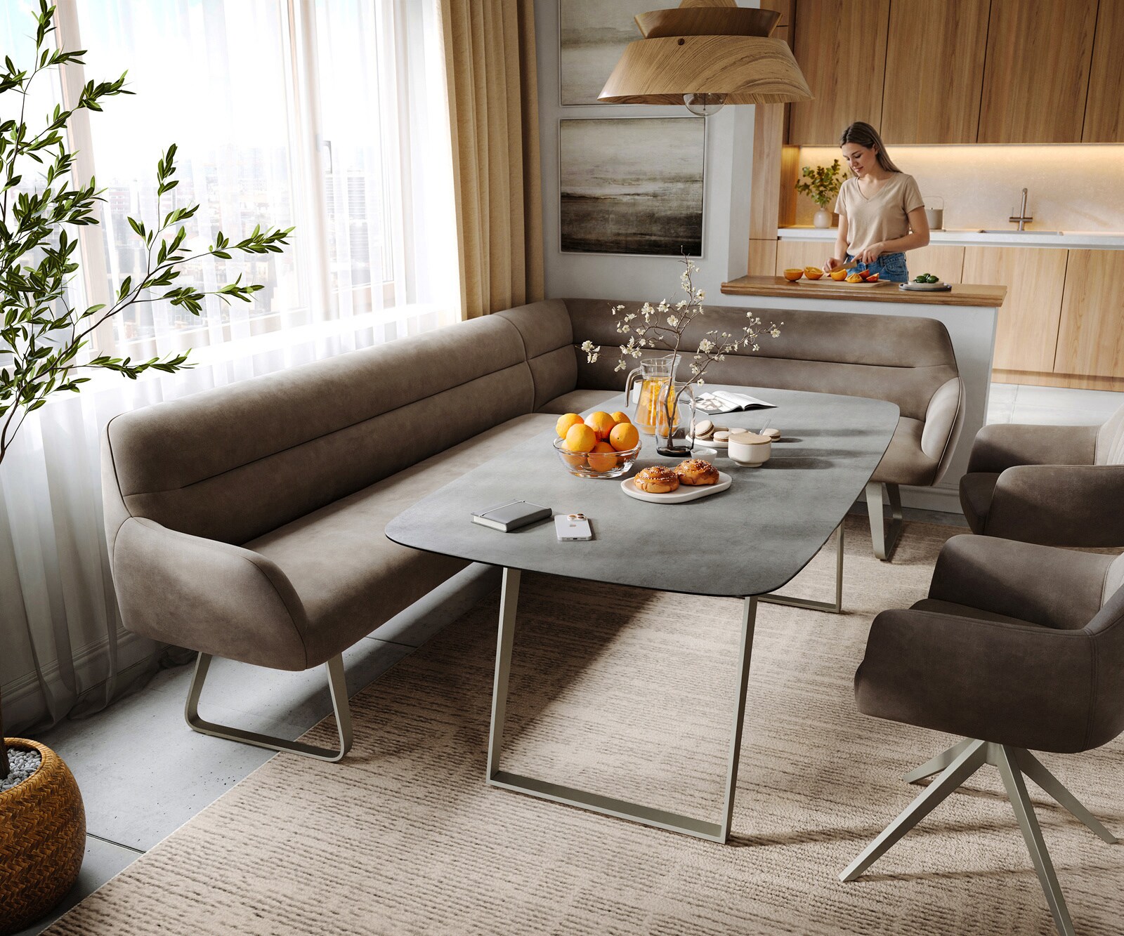 Banc-de-salle-à-manger Taya-Flex 285x190 cm microfibre taupe vintage châssis à patins plat acier inoxydable ressort ensaché liens 4