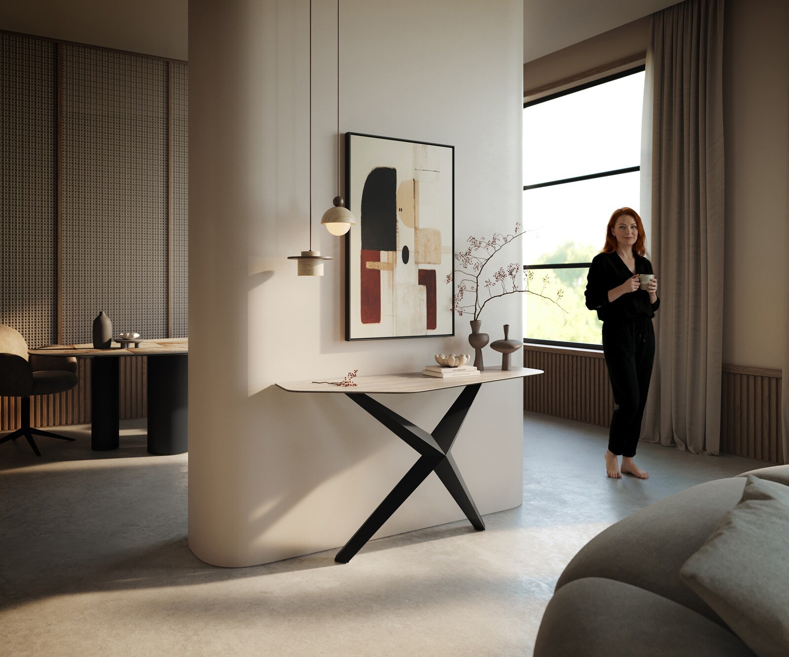 Konsolentisch Edge Polygonal 140x50 cm Keramik Laminam® Travertino Bianco Creme-Weiß Zentharo Metall Schwarz 7