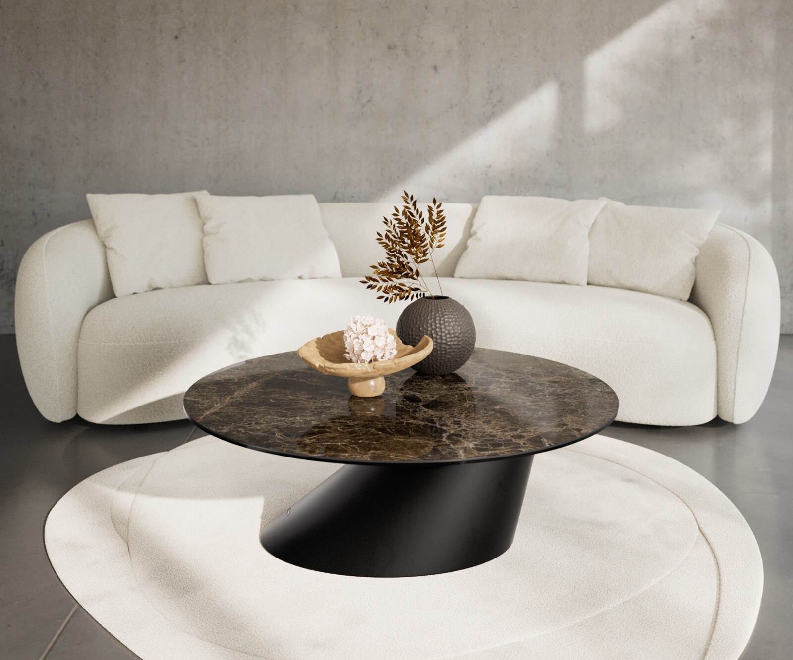 Table basse Edge rond 100x100 cm céramique Laminam® Emperador Extra Lucidato brun foncé Conis métal noir 2