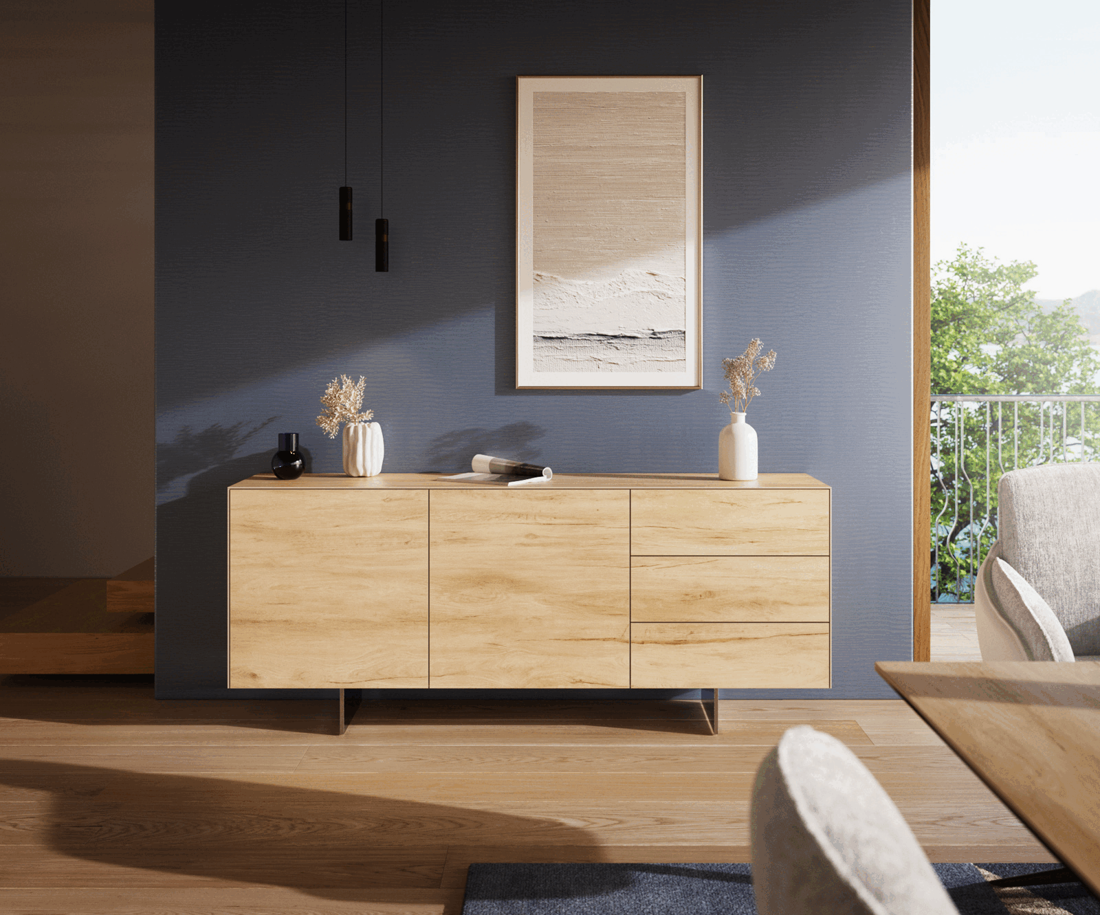 Sideboard Cuor 180 cm Keramik Laminam® Sabbia Eichefarbig 2 Türen 3 Schubfächer Fuß Schwebeoptik Edelstahl 2