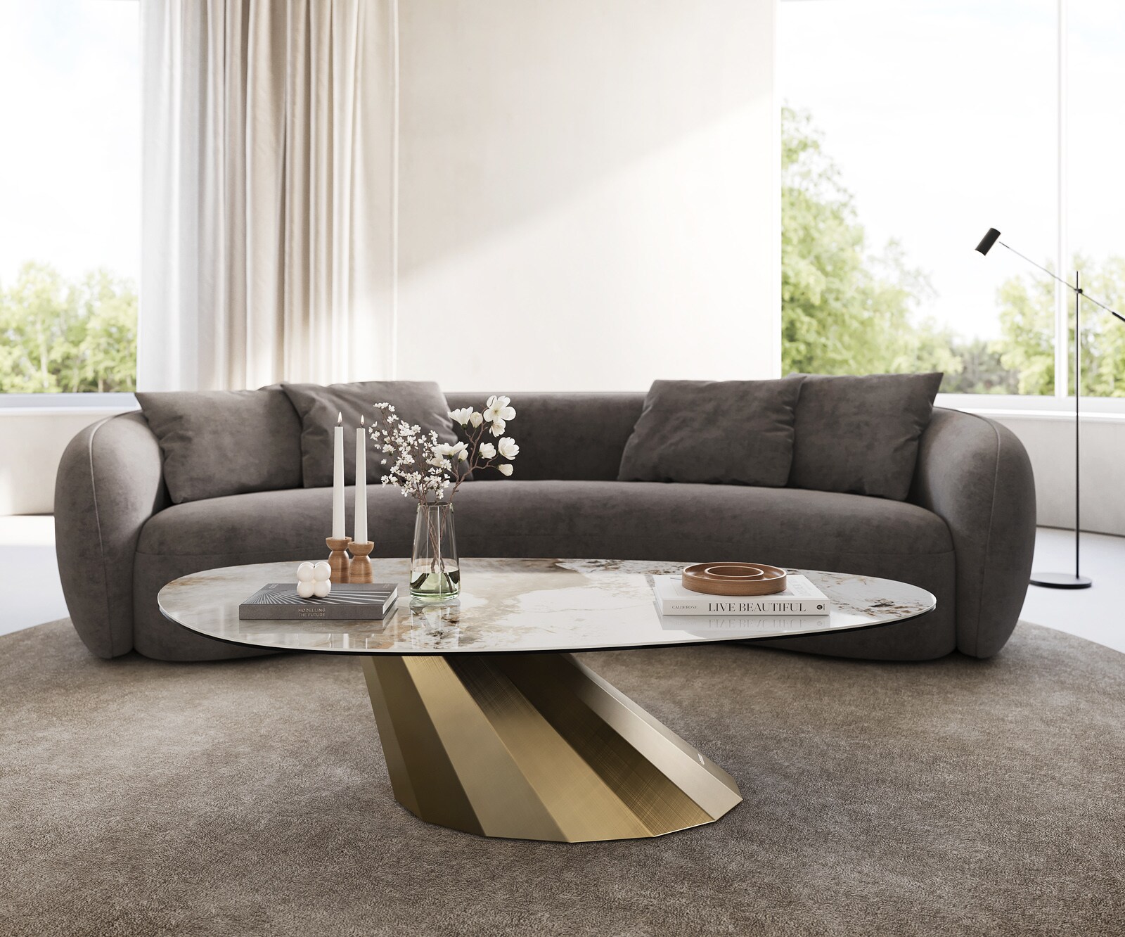 Table basse Edge Oval 140x75 cm céramique Minas Melange Parabi doré métallique 1