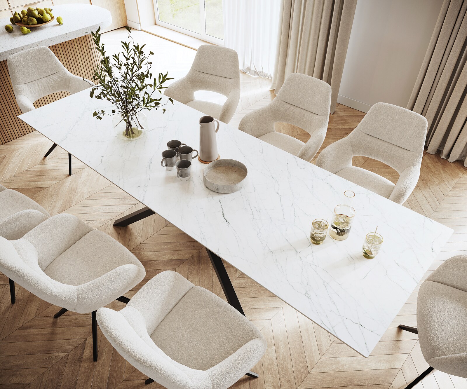 Table-à-manger Edge 300x100cm Laminam® céramique blanc pieds milieu croisé noir 3
