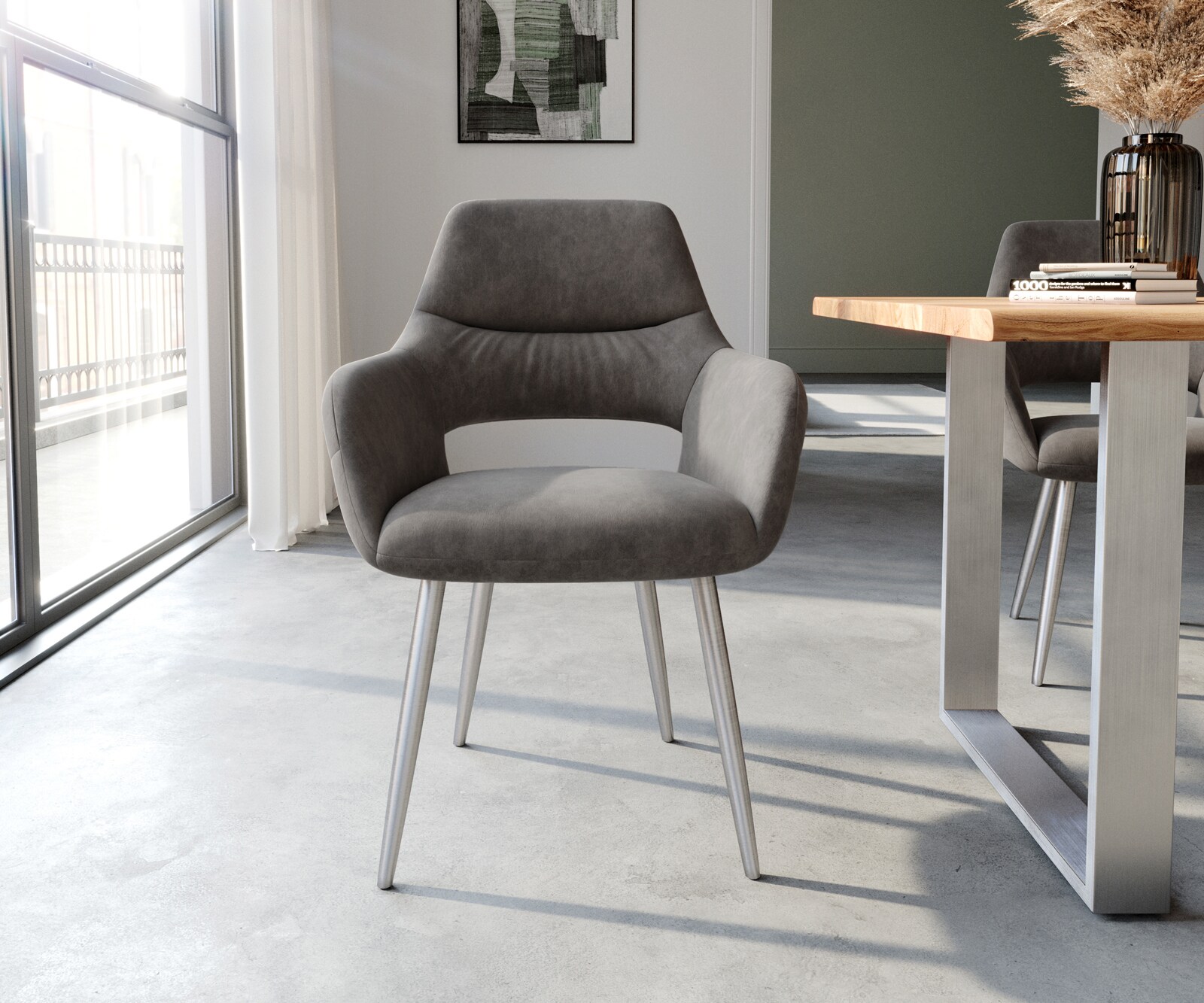 Chaise-de-salle-à-manger Yago-Flex avec accoudoirs microvelours anthracite vintage 4 pieds coniques acier inoxydable brossé ressorts ensachés 2