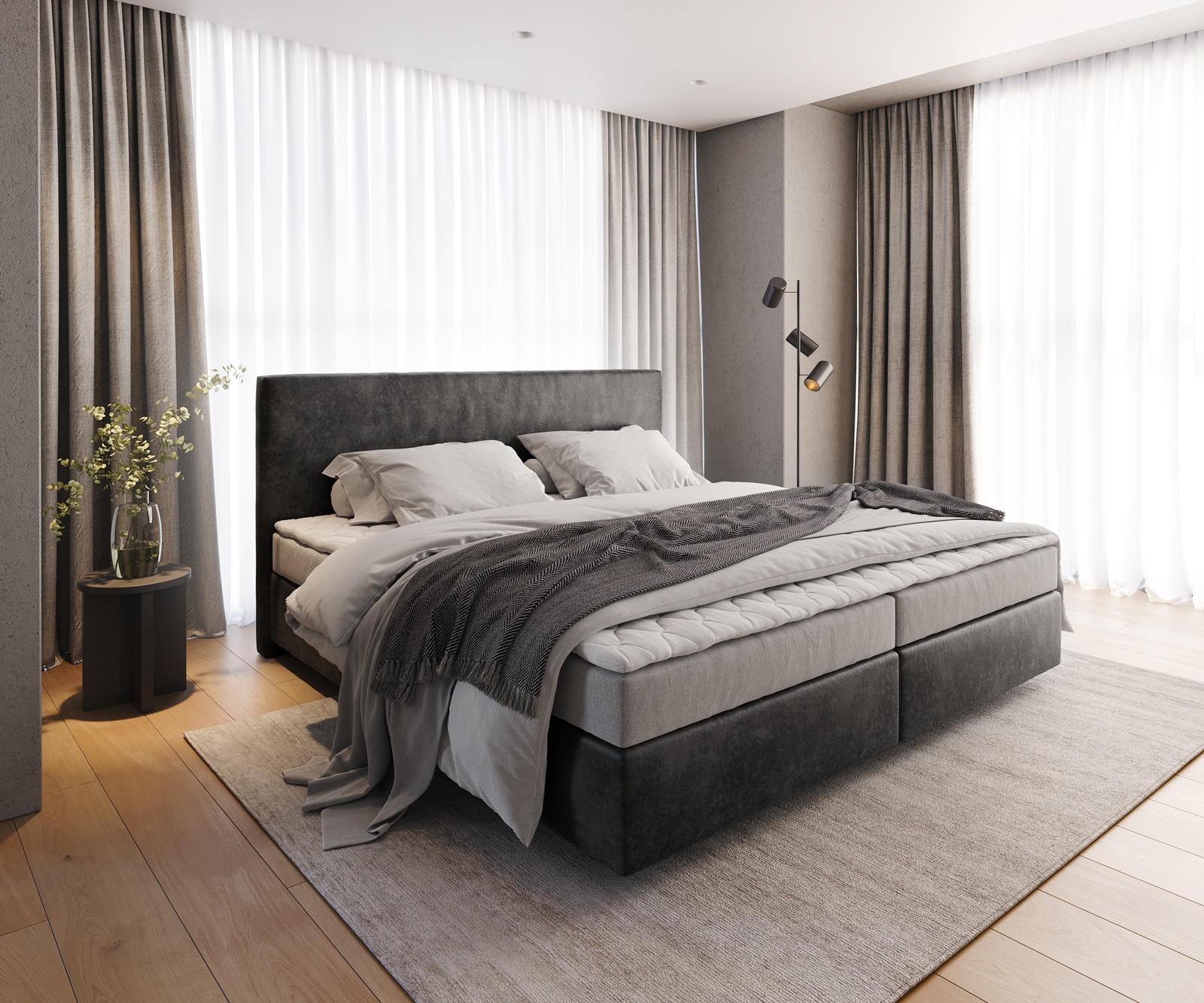 Boxspringbett Dream-Well Mikrofaser Anthrazit Vintage 200x200 cm Bonell-Matratze PU-Topper Boxspringbett Dream-Well Mikrofaser Anthrazit Vintage 200x200 cm Bonell-Matratze PU-Topper