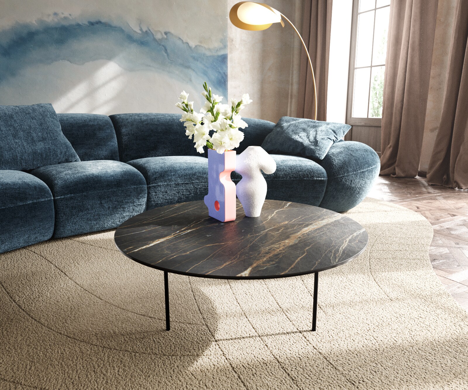 Table basse Edge rond 90x90 cm céramique Laminam® Noir Desir brun Trive métal noir 1