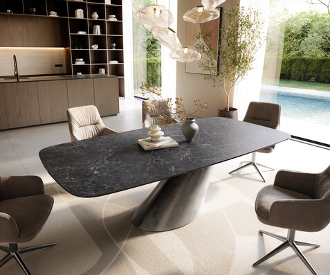 Esstisch Edge Boot 240x120 cm Keramik Laminam® Nero Greco Anthrazit Cono Metallic Silber