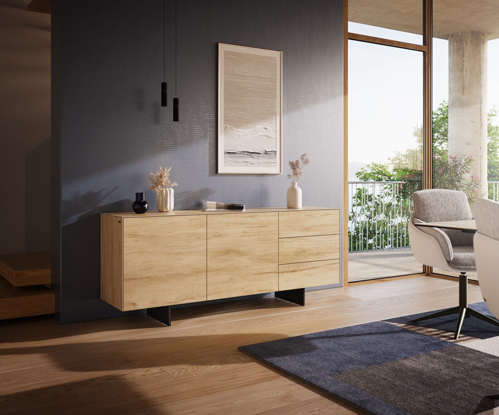 Buffet Cuor 180 cm Céramique Laminam® Sabbia Teinte chêne 2 Portes 3 Tiroirs Pied optique flottant Métal Noir 1