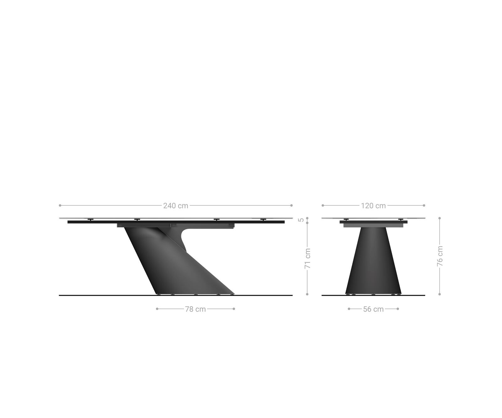 Table à manger Edge Boot 240x120 verre en relief noir 3D-Design Cono métallique argent 7