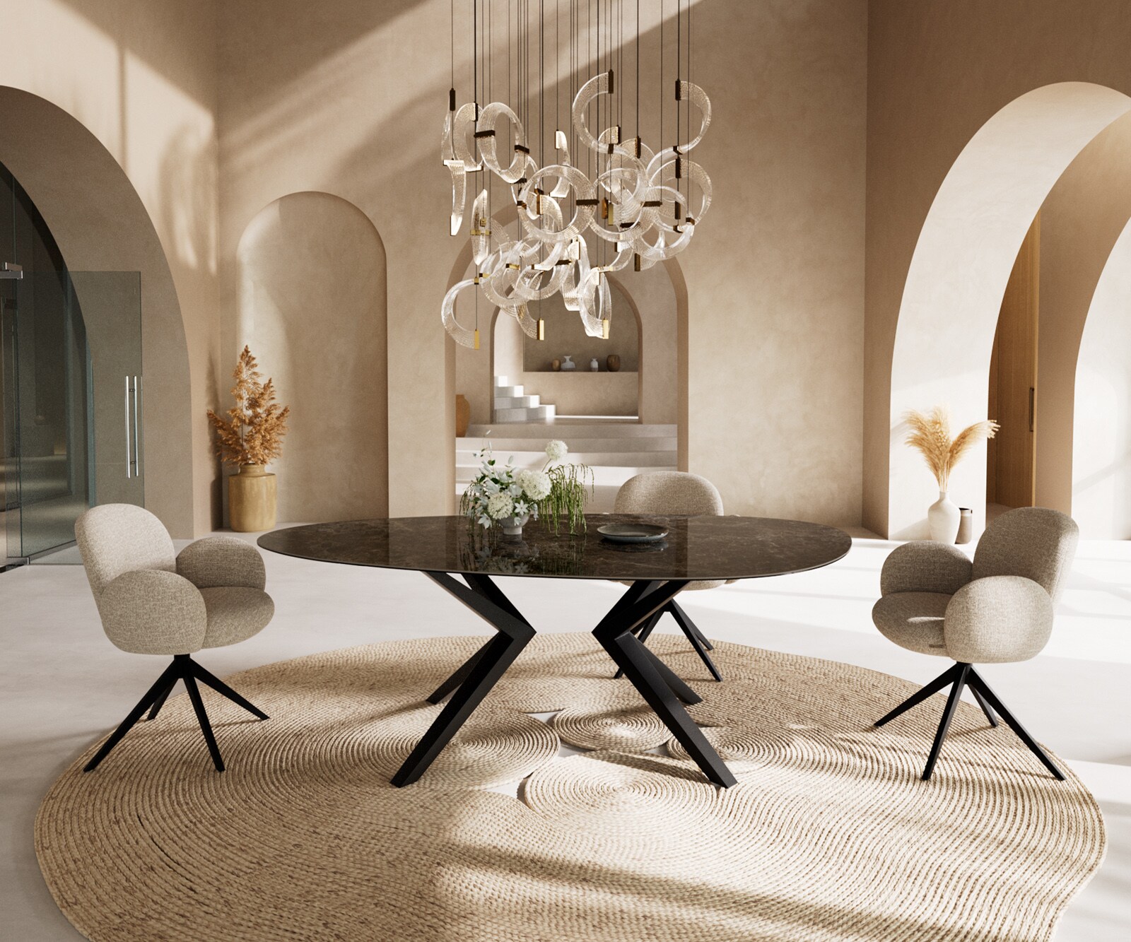 Table de salle à manger Edge Ovale Céramique Emperador Extra Lucidato Brun foncé 220x120 Zenthara angulaire Métal Noir 2