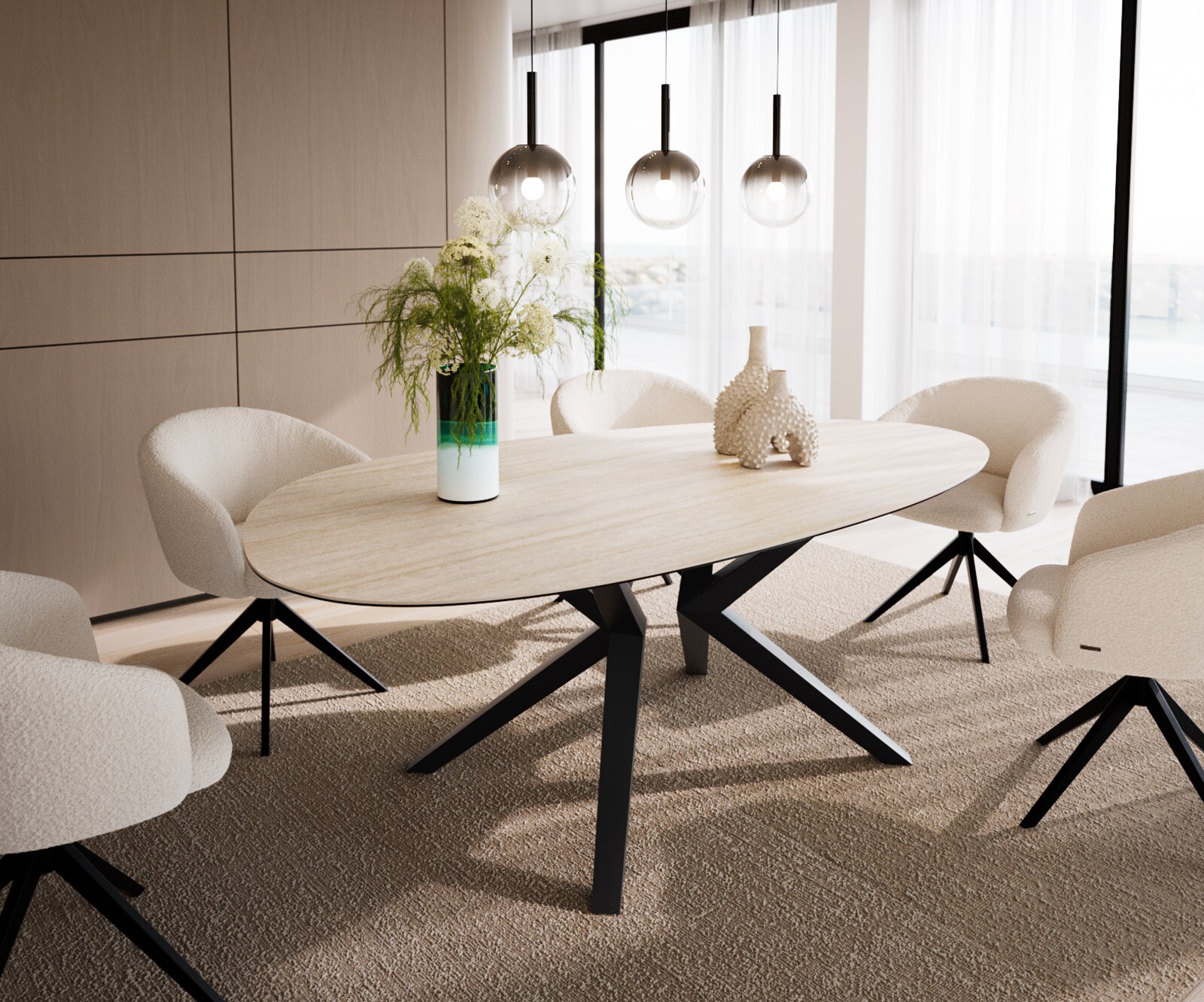 Table à manger Edge Ovale 220x120 Céramique Laminam®Travertino Bianco Crème-Blanc​ Zenthara anguleux Métal Noir 1