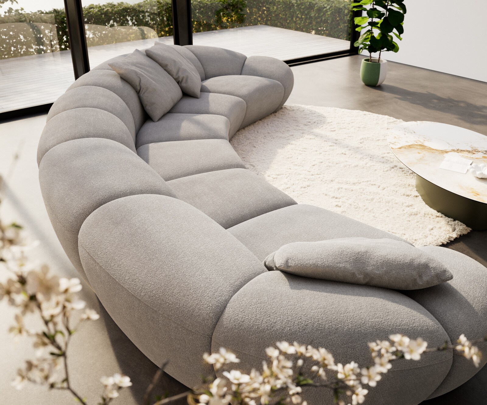 Big sofa Lunna 470x210 cm tissu bouclé taupe 3 coussins 4