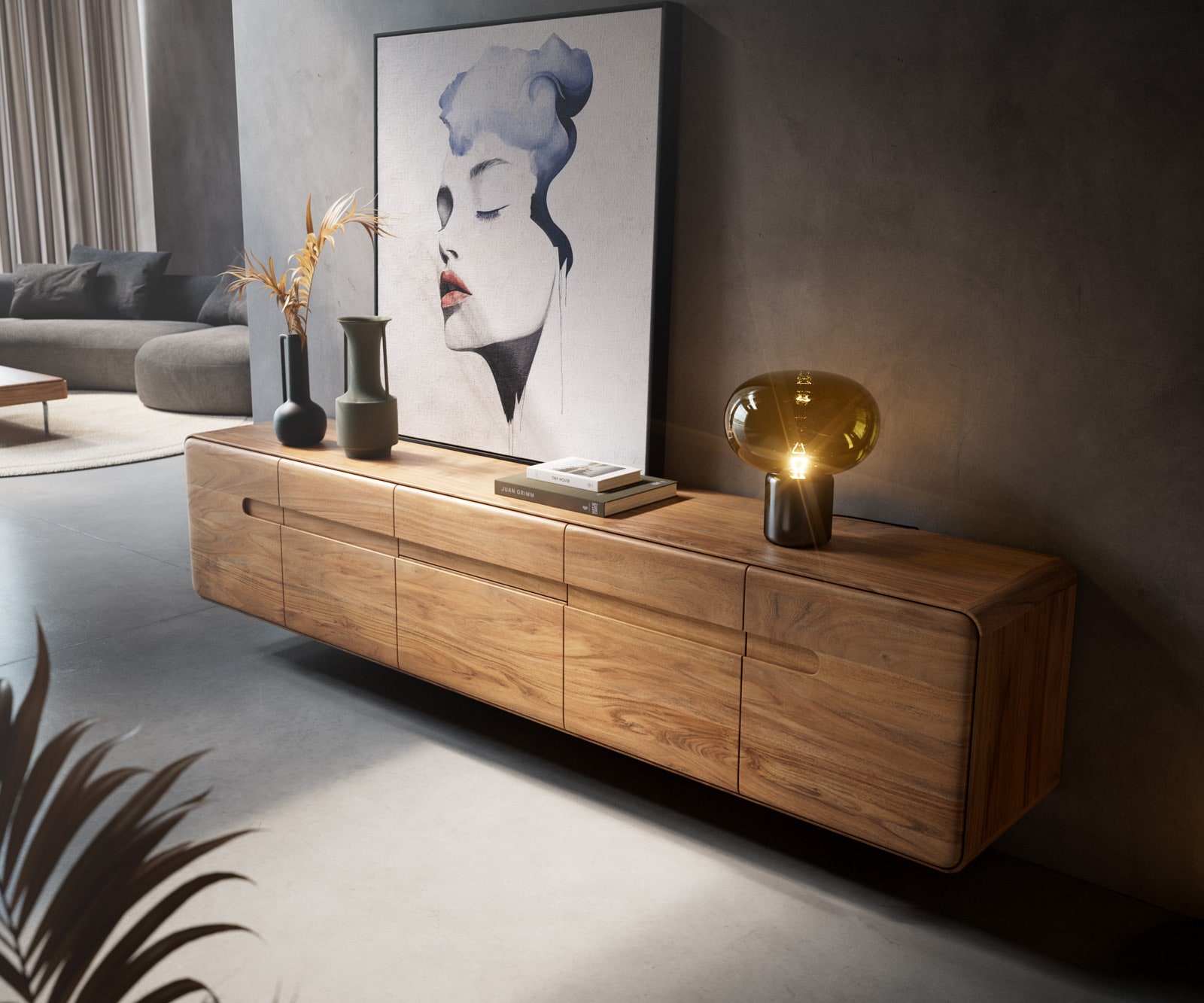 Lowboard Anaya 220 cm Akazie Natur 4 Türen 2 Schubladen Schwebend 3 Lowboard Anaya 220 cm Akazie Natur 4 Türen 2 Schubladen Schwebend 3