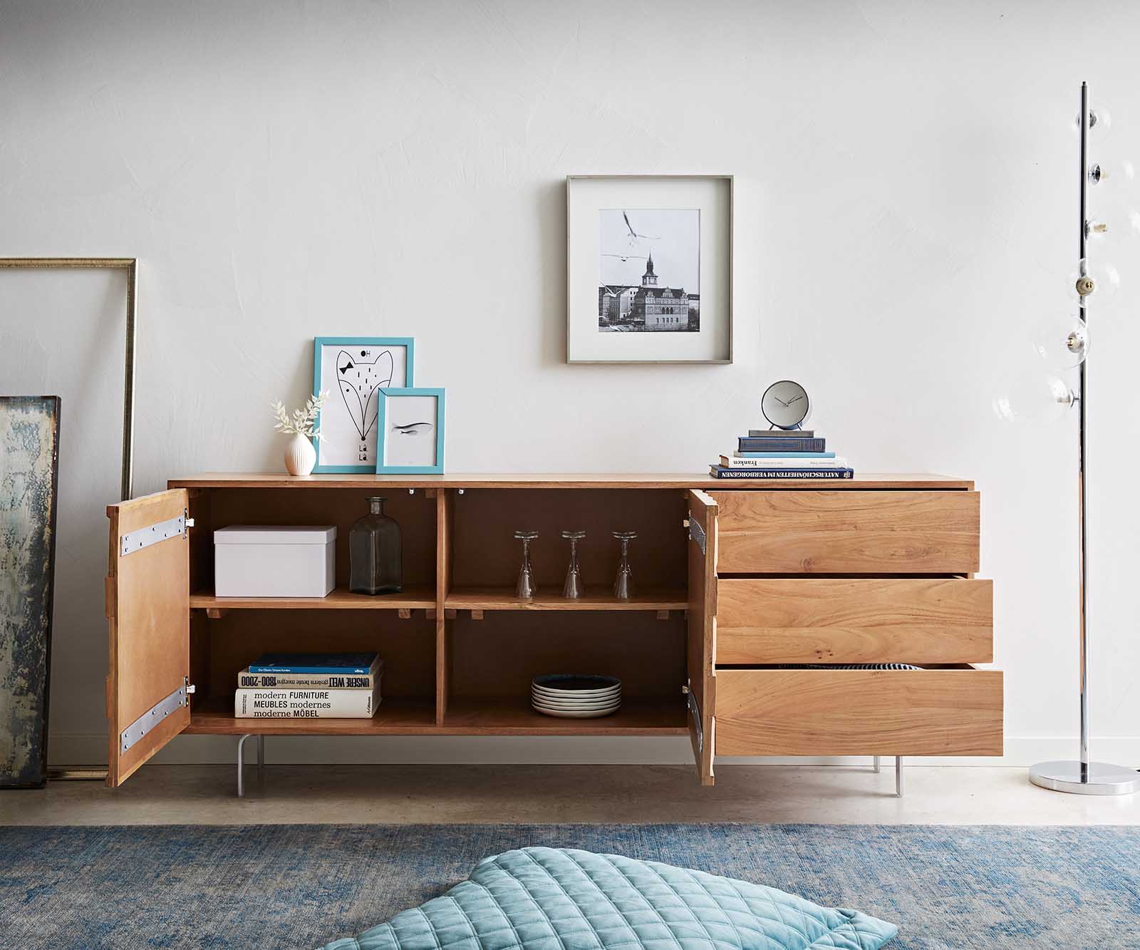 Sideboard Fevo 175 cm Akazie Natur 2 Türen 3 Schubfächer L-Fuß 3 Sideboard Fevo 175 cm Akazie Natur 2 Türen 3 Schubfächer L-Fuß 3