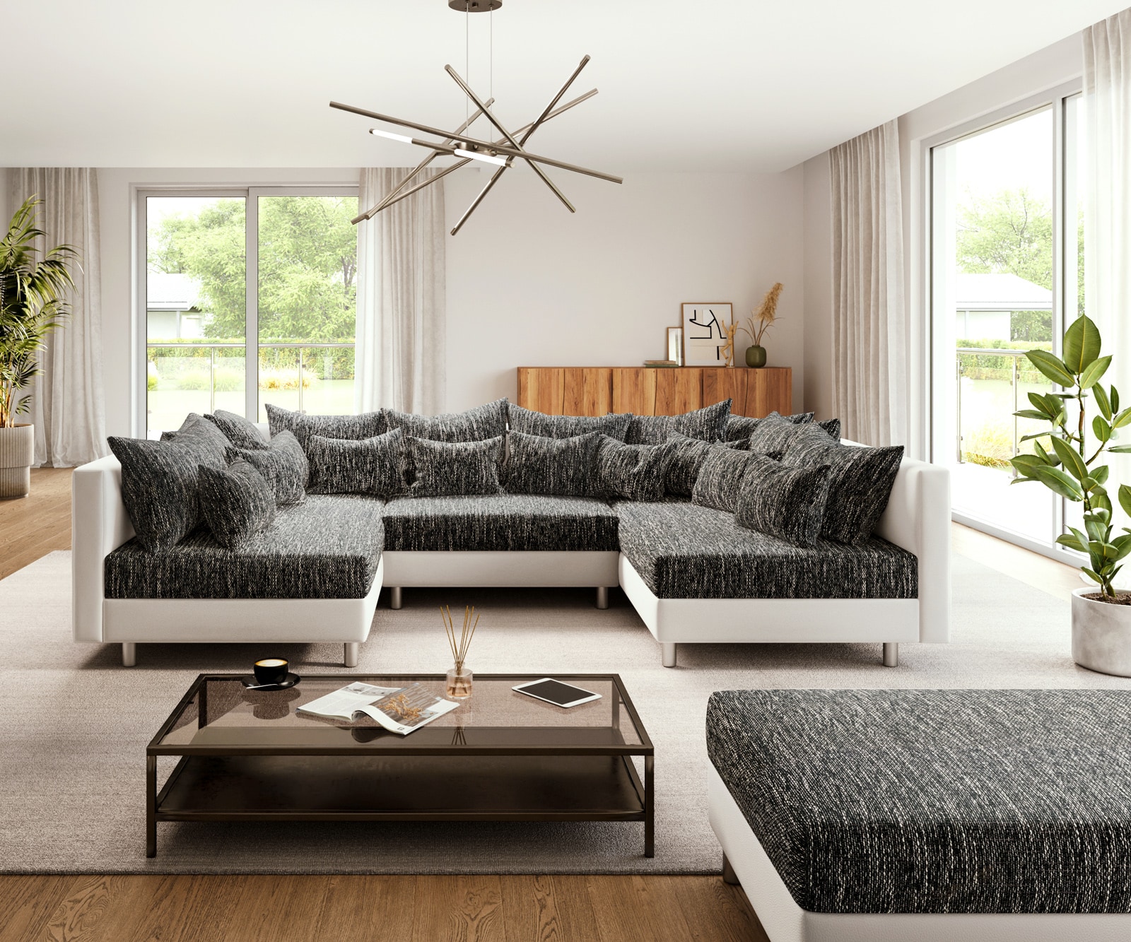 Wohnlandschaft Clovis Weiss Schwarz modular mit Hocker  1 Wohnlandschaft Clovis Weiss Schwarz modular mit Hocker  1