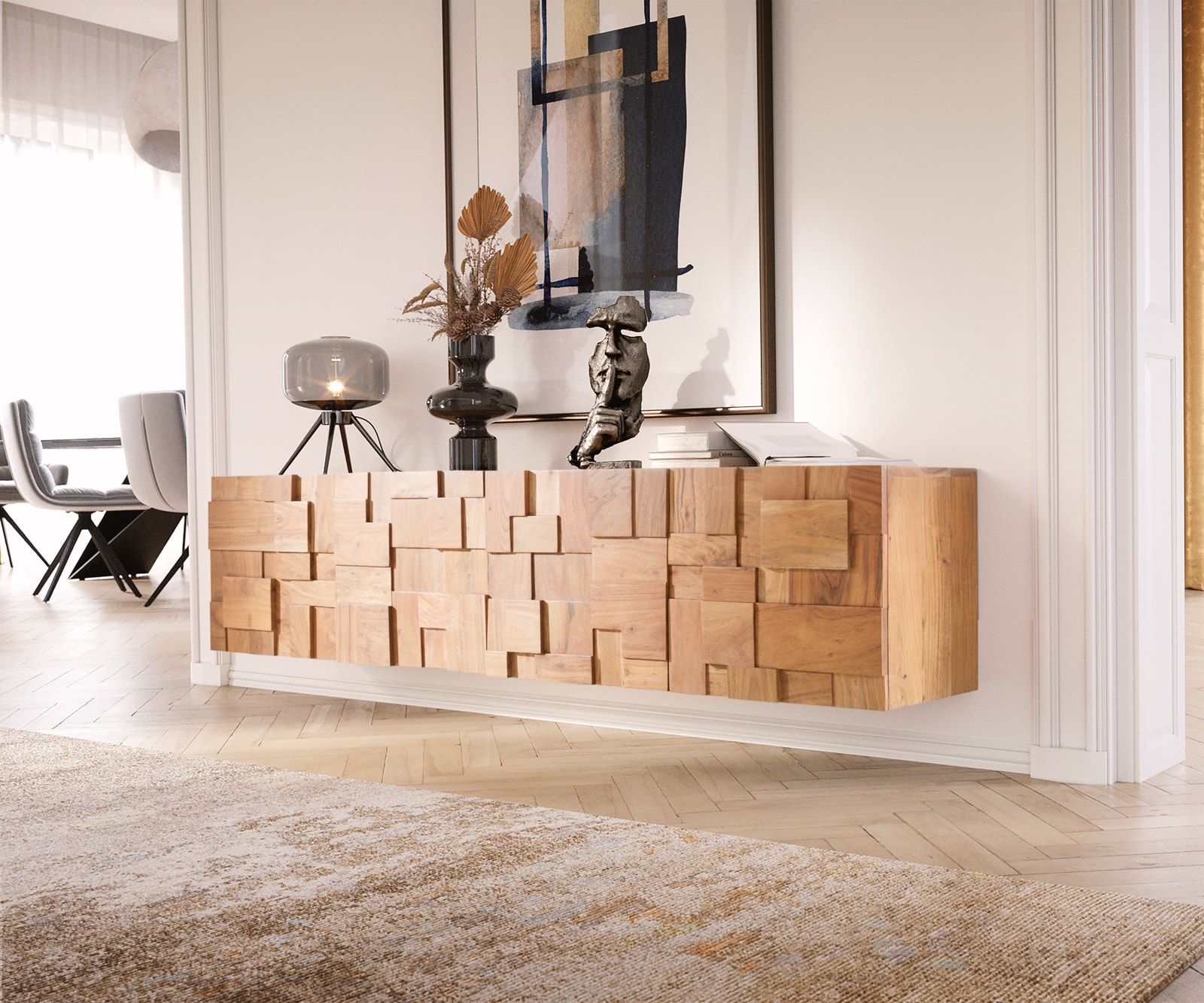 Lowboard Puzzle 175 cm 4 Türen Akazie Natur schwebend Lowboard Puzzle 175 cm 4 Türen Akazie Natur schwebend