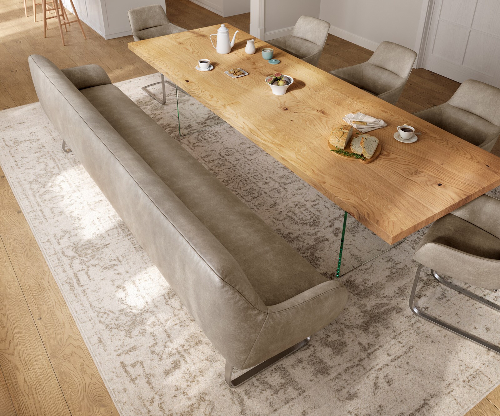 Esszimmerbank Taya-Flex 300 cm Mikrofaser Beige Vintage Kufengestell flach Edelstahl Taschenfederkern 4