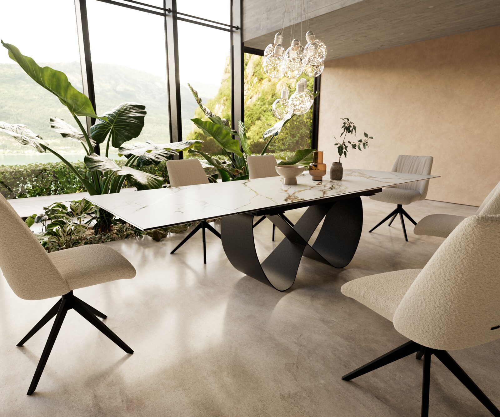 Table à manger Edge 200-300x100 cm Céramique Calacatta Luxe Blanc-Or-Gris Infinity Métal Noir extensible