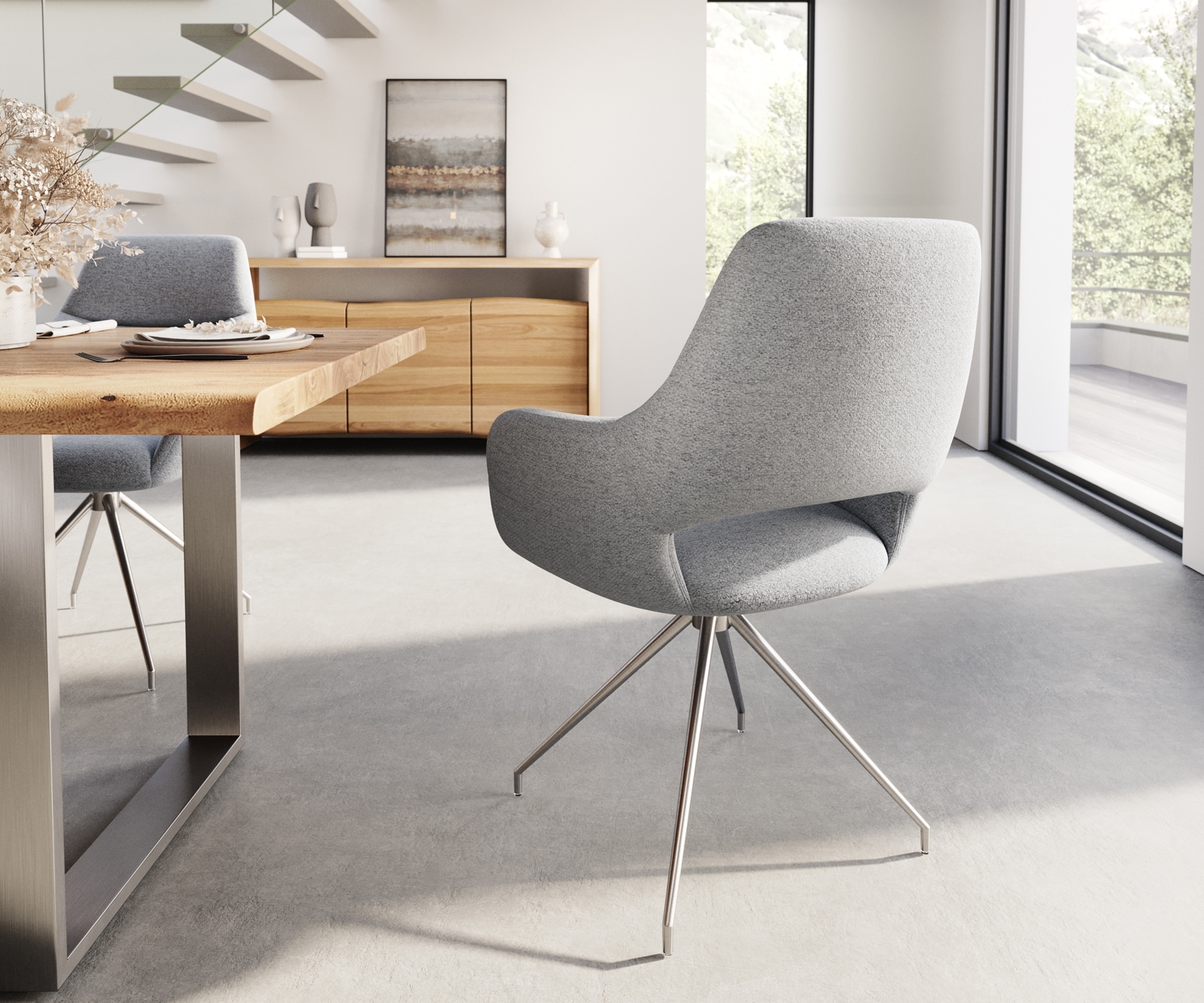 Esszimmerstuhl Yago-Flex mit Armlehnen Strukturstoff Hellgrau Kreuzgestell konisch Edelstahl Taschenfederkern 5 Esszimmerstuhl Yago-Flex mit Armlehnen Strukturstoff Hellgrau Kreuzgestell konisch Edelstahl Taschenfederkern 5