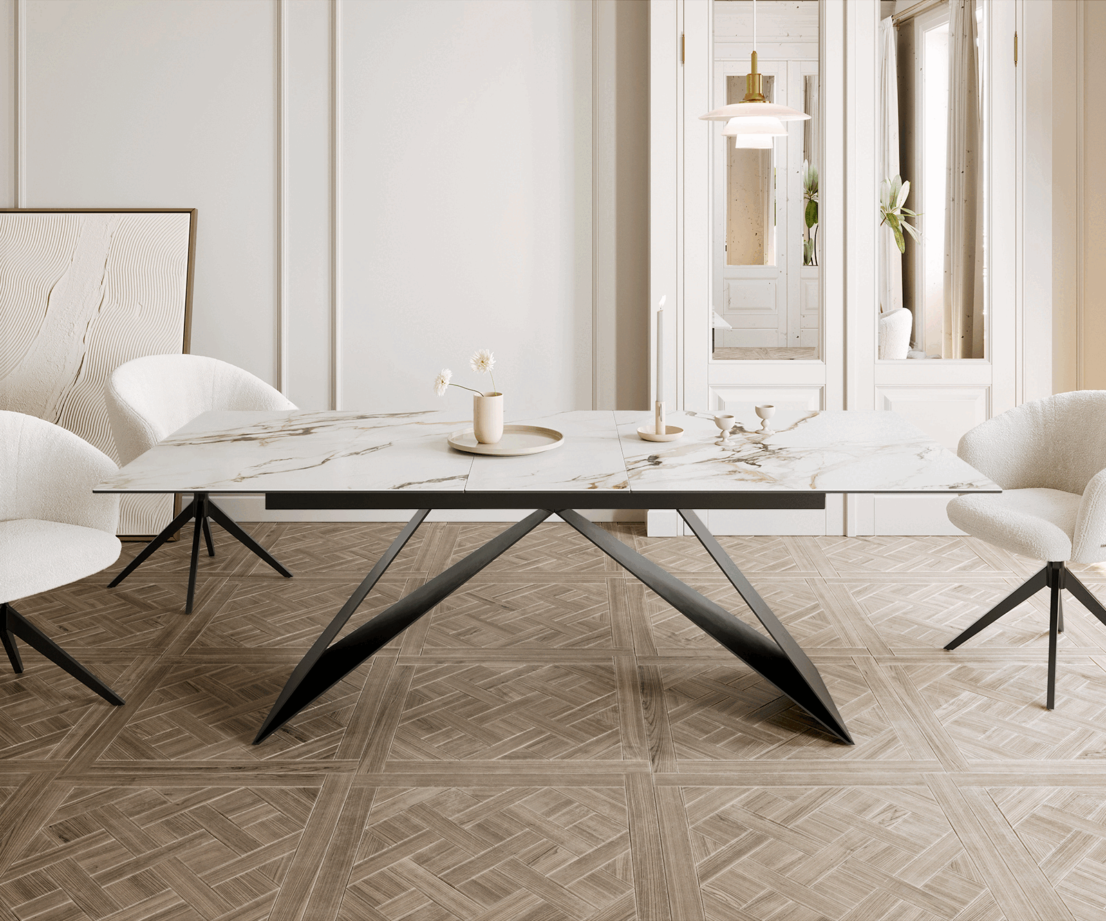 Esstisch Edge 180-220x100 Keramik Calacatta Luxe Weiß-Gold-Grau V-Gestell Flachstahl Schwarz ausziehbar 1