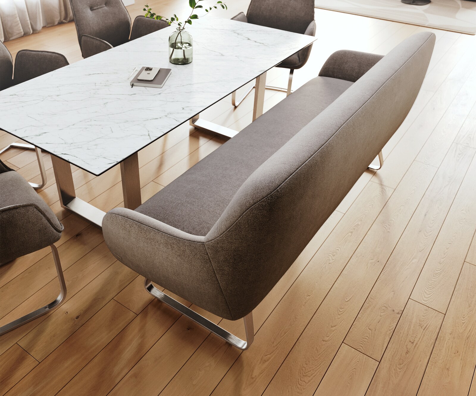 Esszimmerbank Taya-Flex 200 cm Strukturstoff Soft Taupe Kufengestell flach Edelstahl Taschenfederkern 3