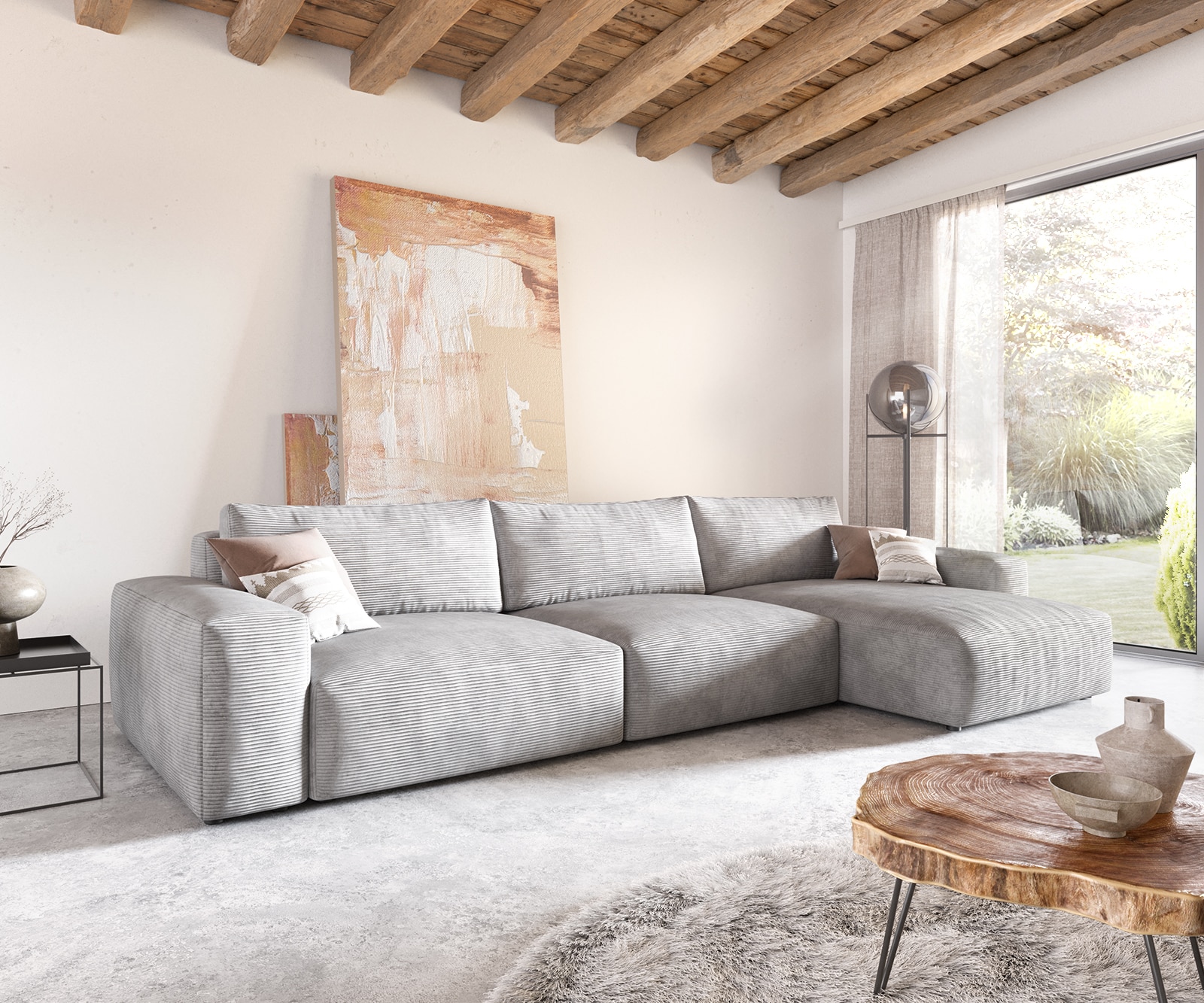 Ecksofa Lanzo XL 380x180 cm Cord Silbergrau Recamiere variabel Ecksofa Lanzo XL 380x180 cm Cord Silbergrau Recamiere variabel